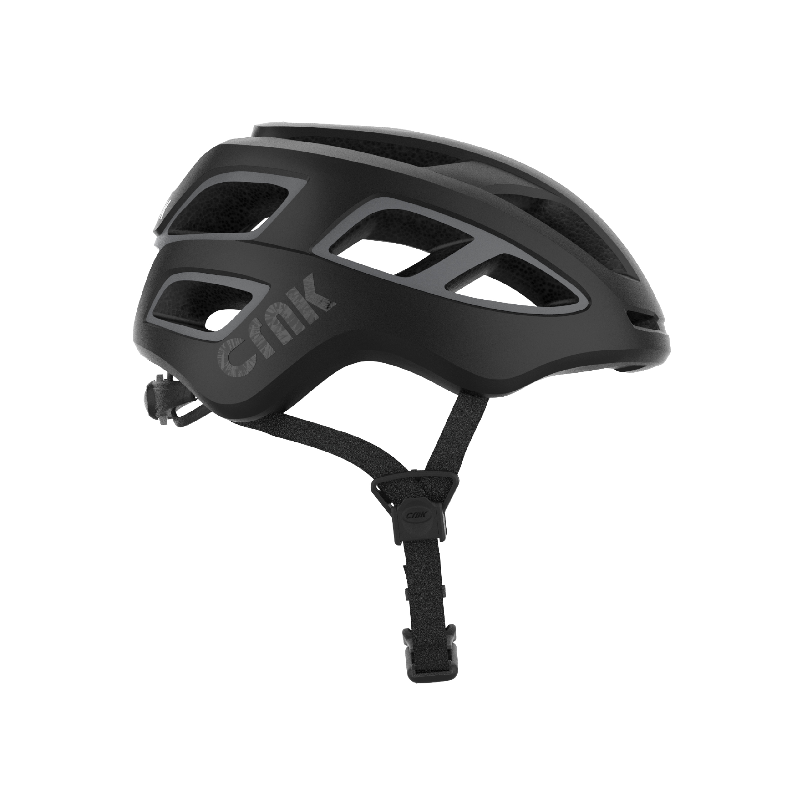 Schwarzer Fahrradhelm mit grauen Akzenten, Belüftung und Kinnriemen.