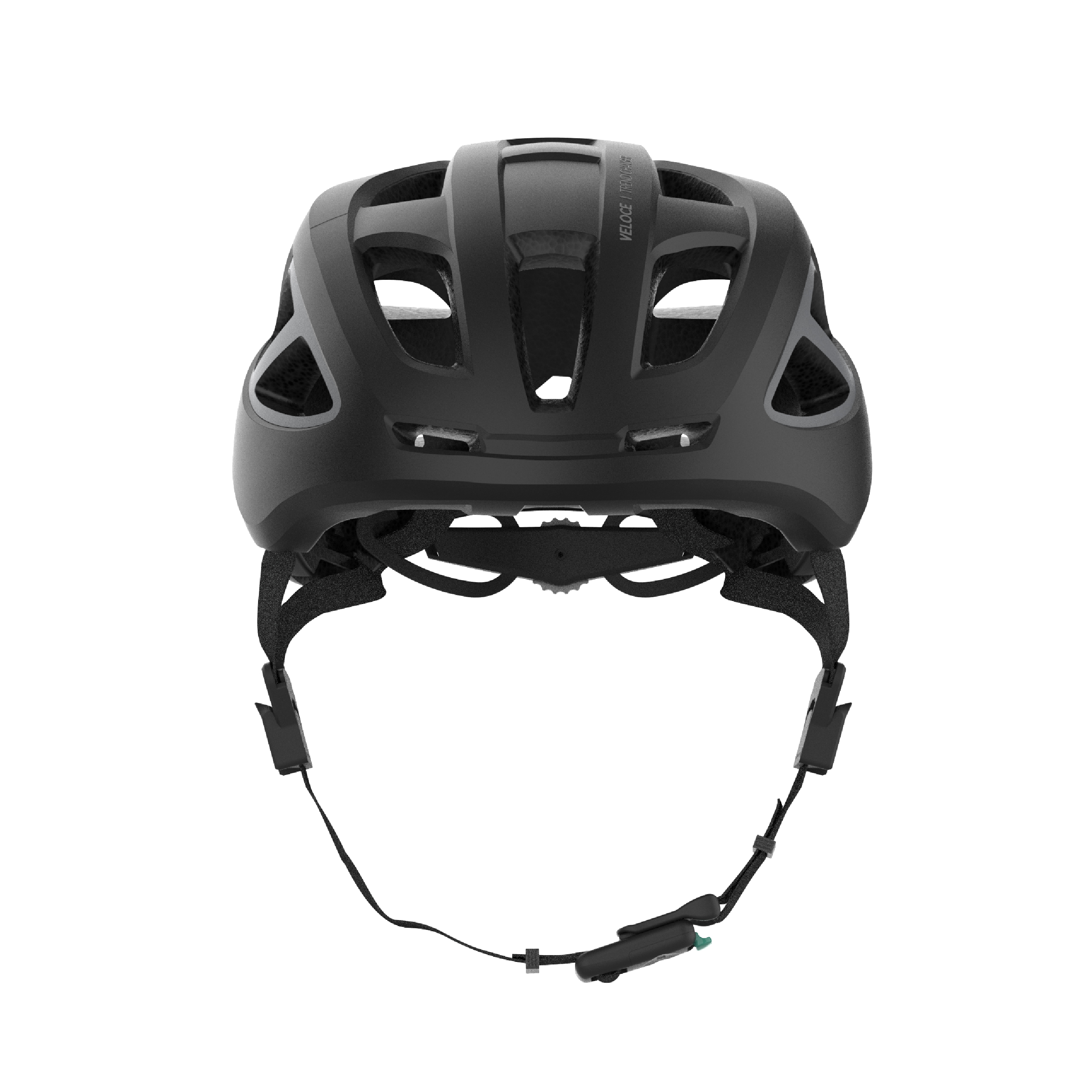 Schwarzer Fahrradhelm mit schlankem Design, mit Riemen und Verschluss. Der Helm ist komplett schwarz.