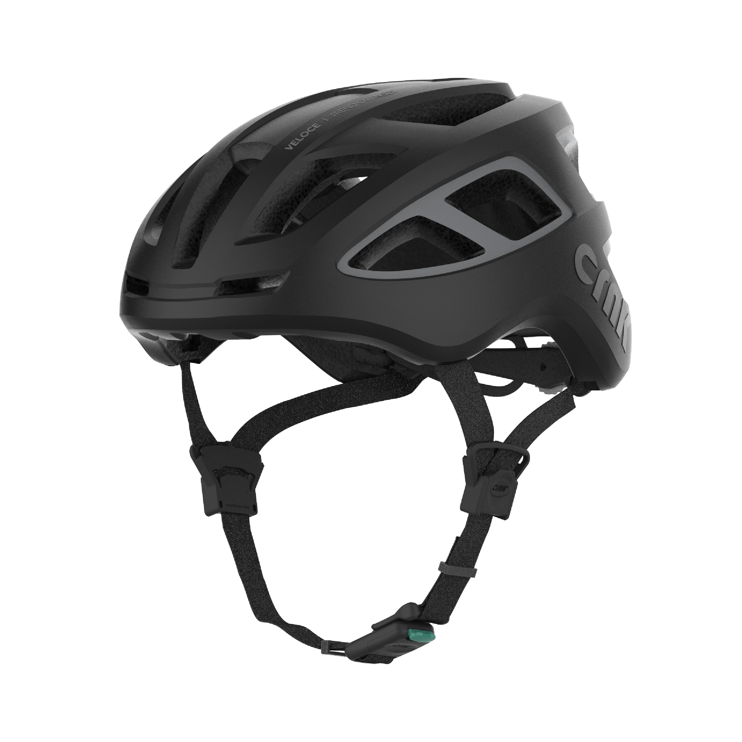 Ein schwarzer Fahrradhelm mit grauen Akzenten. Der Helm hat Belüftungsöffnungen und Riemen.