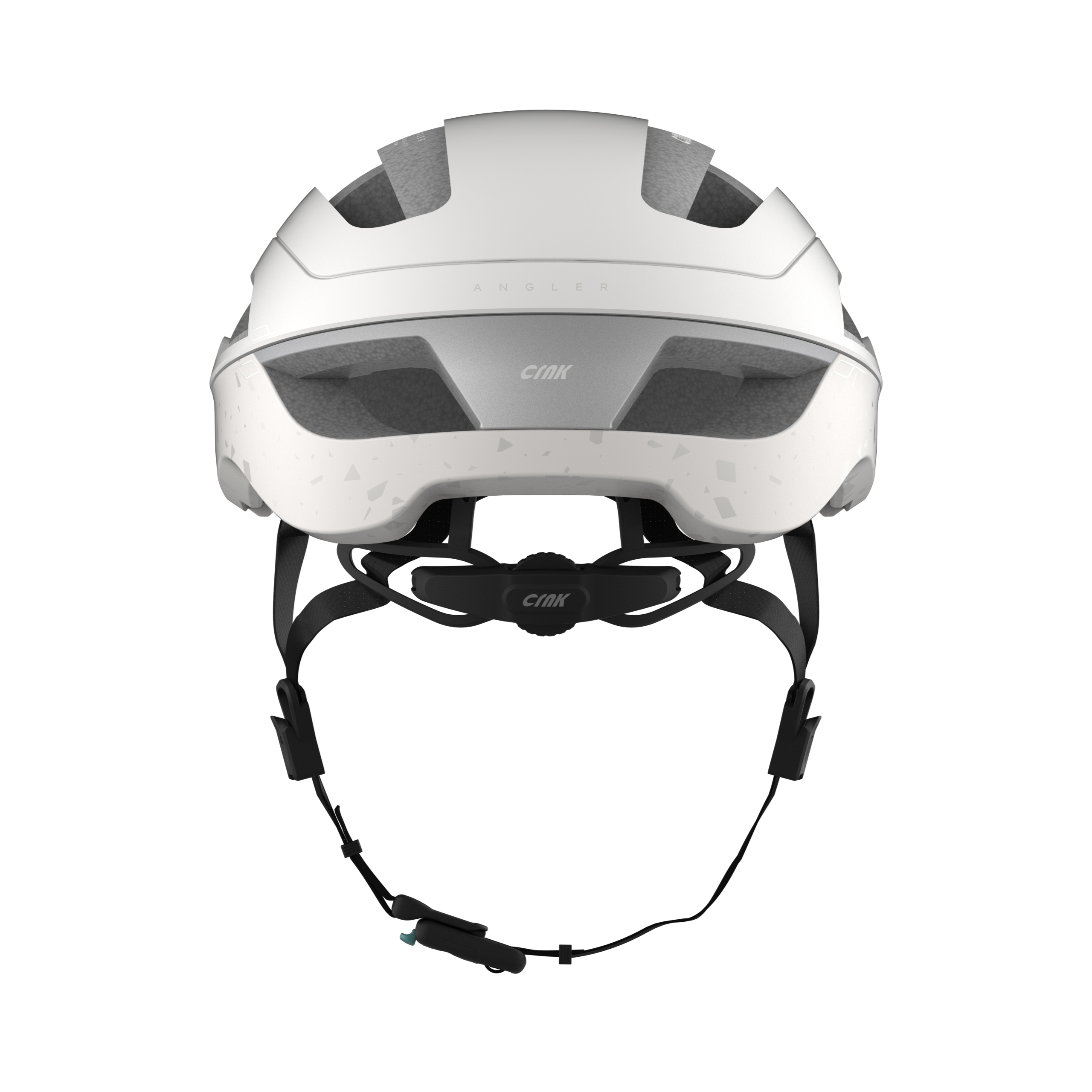 Weißer Fahrradhelm mit schwarzen Riemen, schräge Ansicht, weißer Hintergrund.