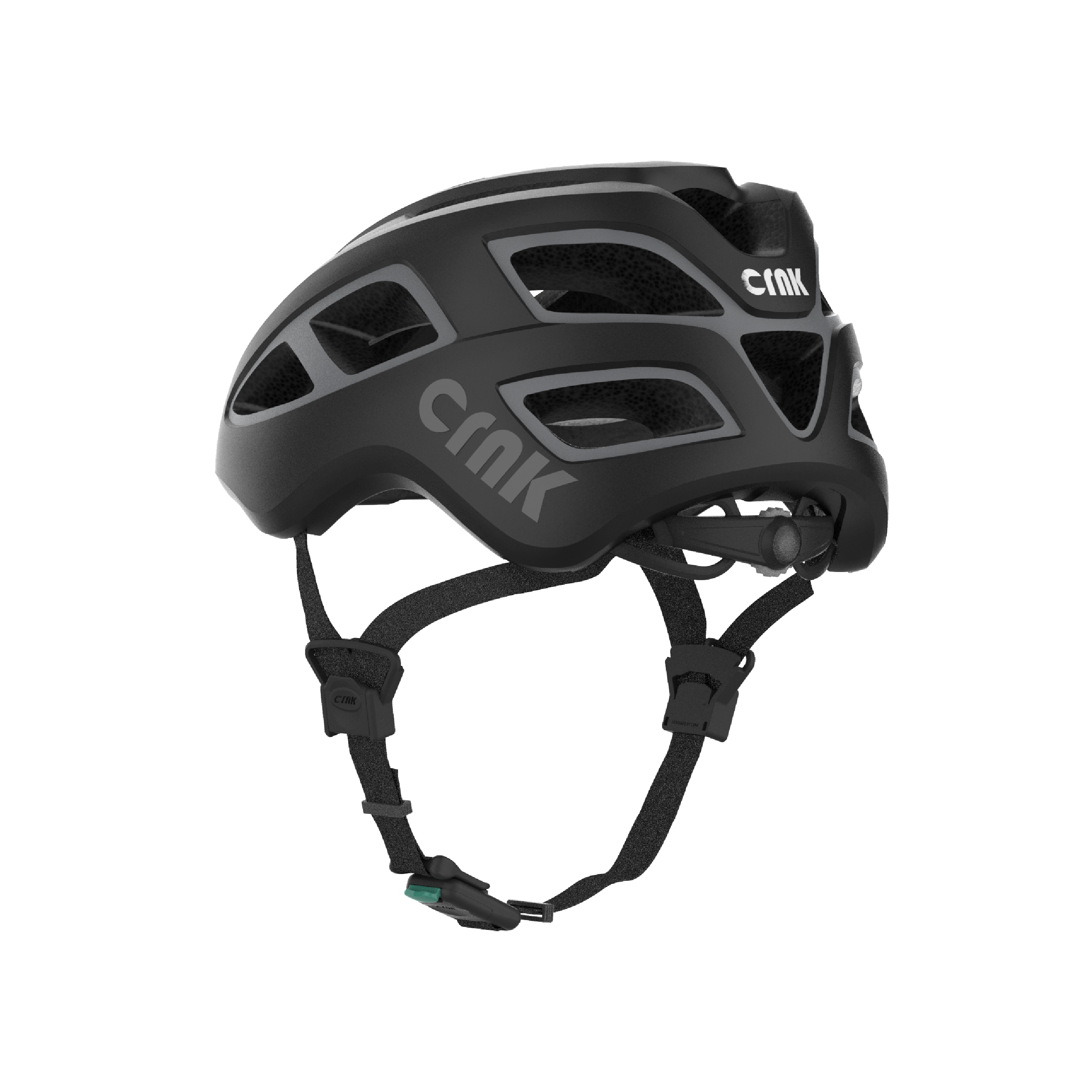 Ein schwarzer Fahrradhelm mit Kinnriemen. Der Markenname steht auf der Seite.