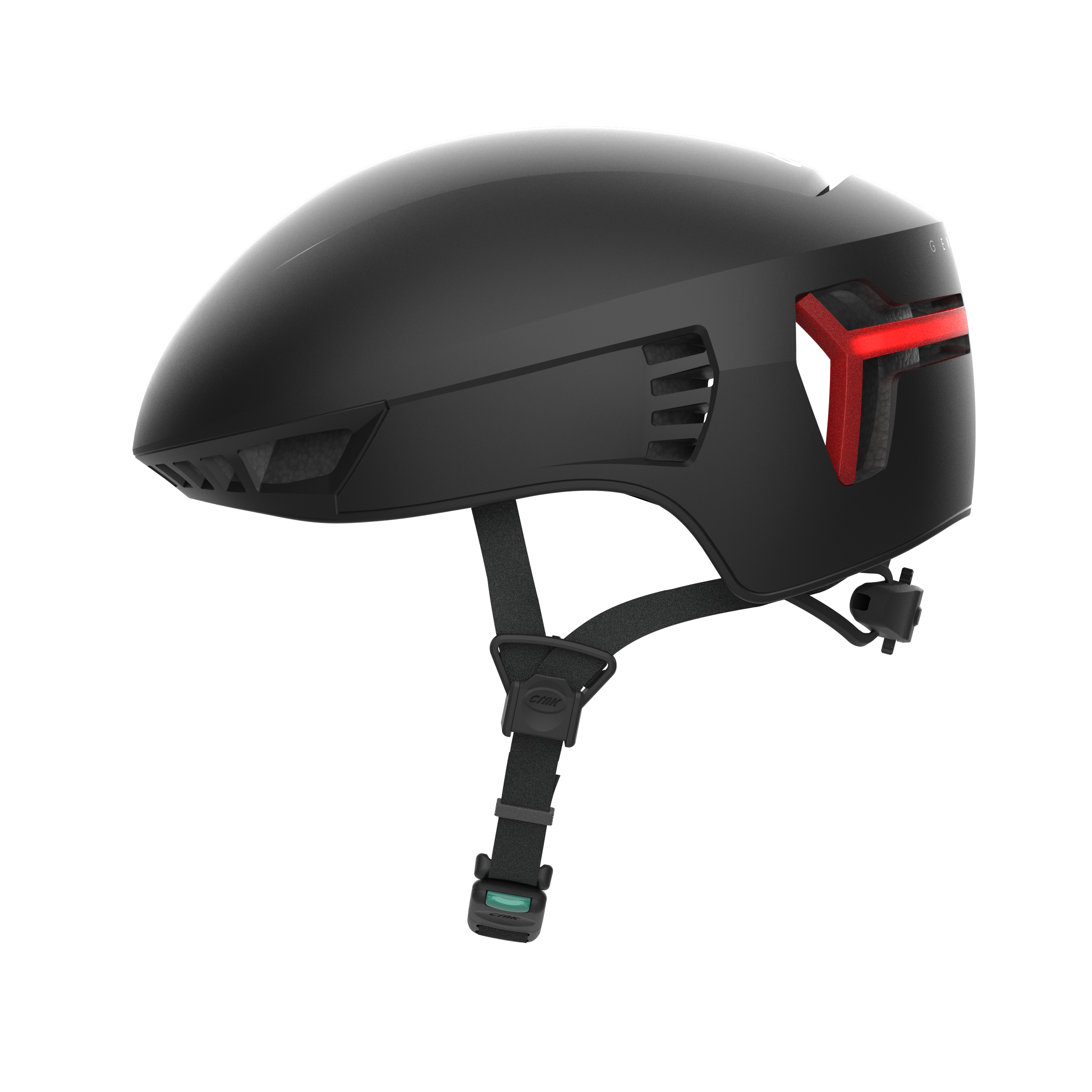 Ein schwarzer Fahrradhelm mit rotem Rücklicht und schwarzem Hintergrund.