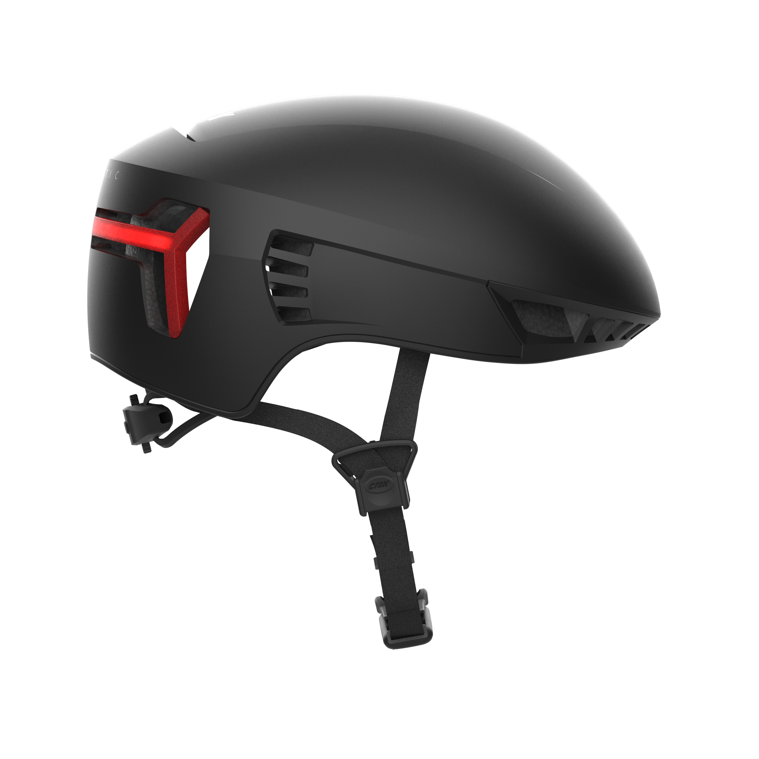 Ein schwarzer Fahrradhelm mit rotem Licht an der Seite. Er hat einen Riemen und der Markenname ist sichtbar.