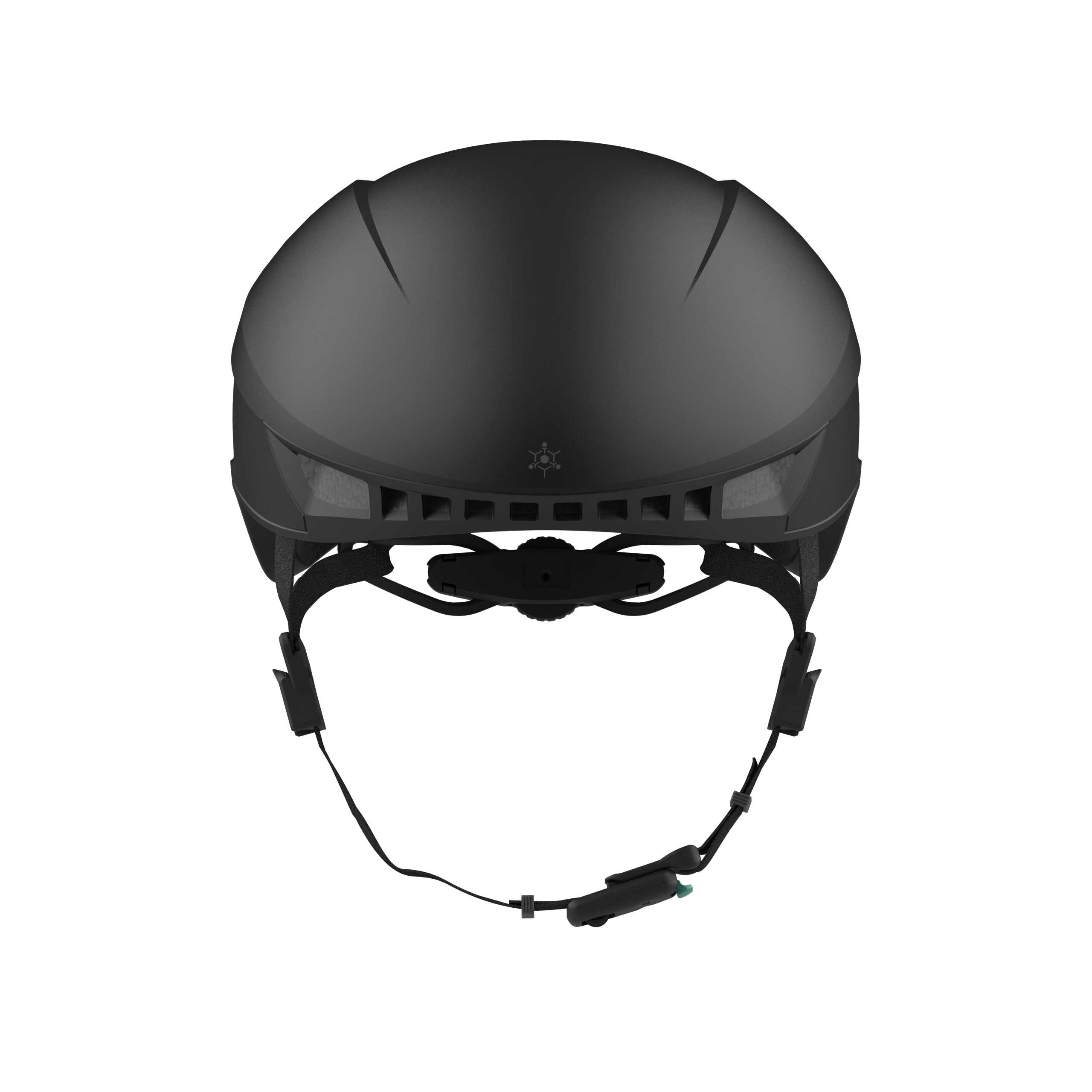 Schwarzer Helm mit schwarzem Riemen und weißem Hintergrund.