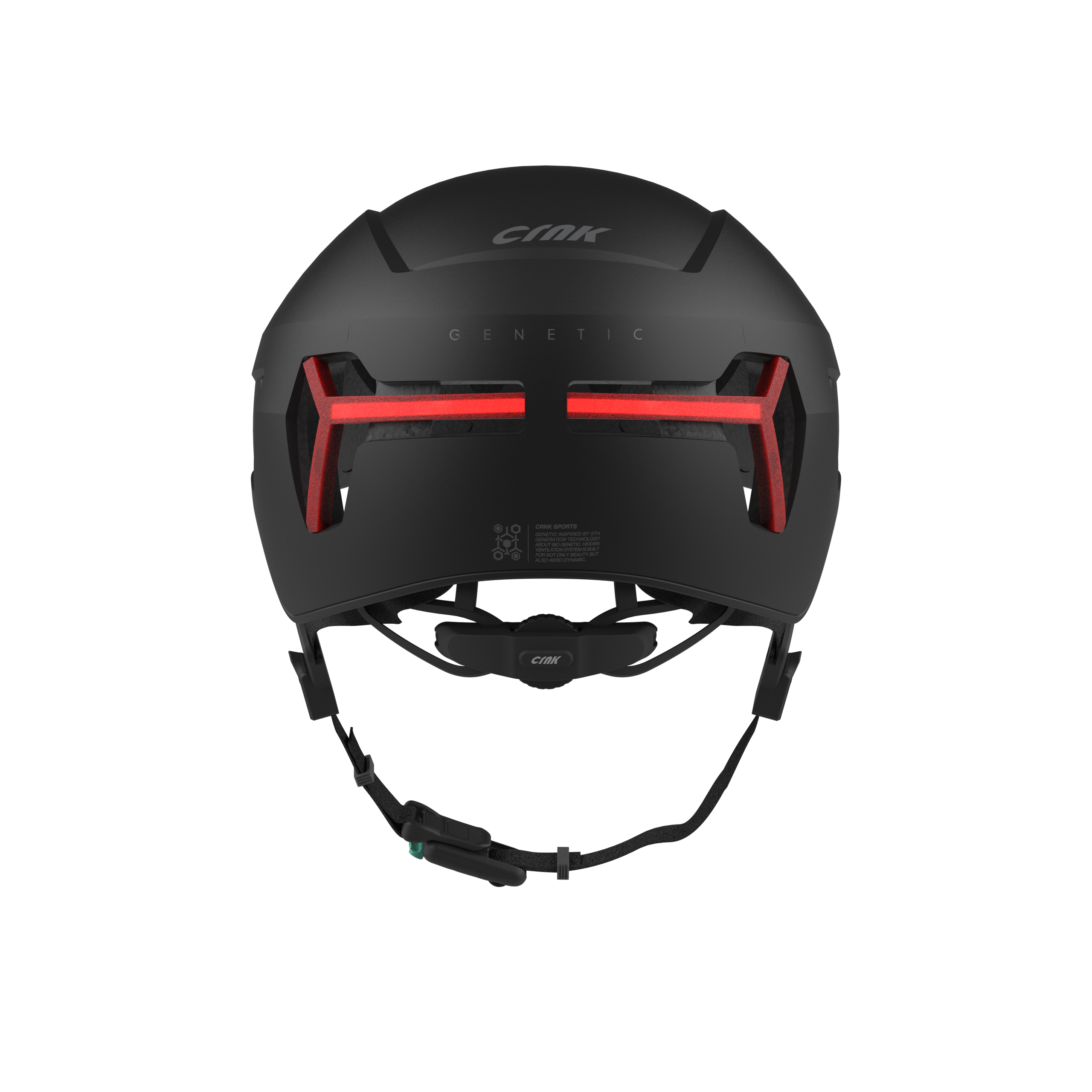 Schwarzer Fahrradhelm mit roten Lichtern auf der Rückseite und Markennamen.