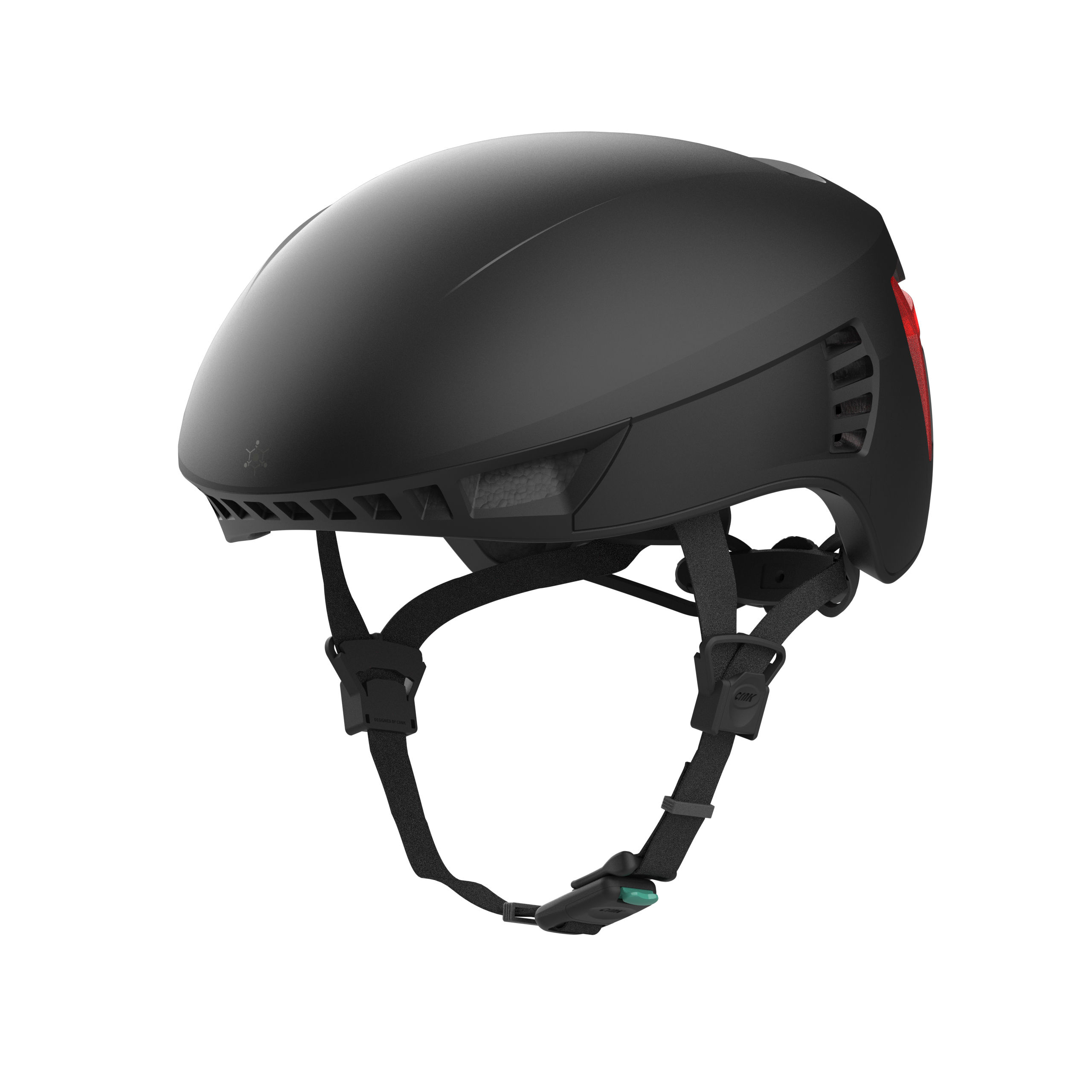 Ein schwarzer Fahrradhelm mit rotem Licht auf der Rückseite.