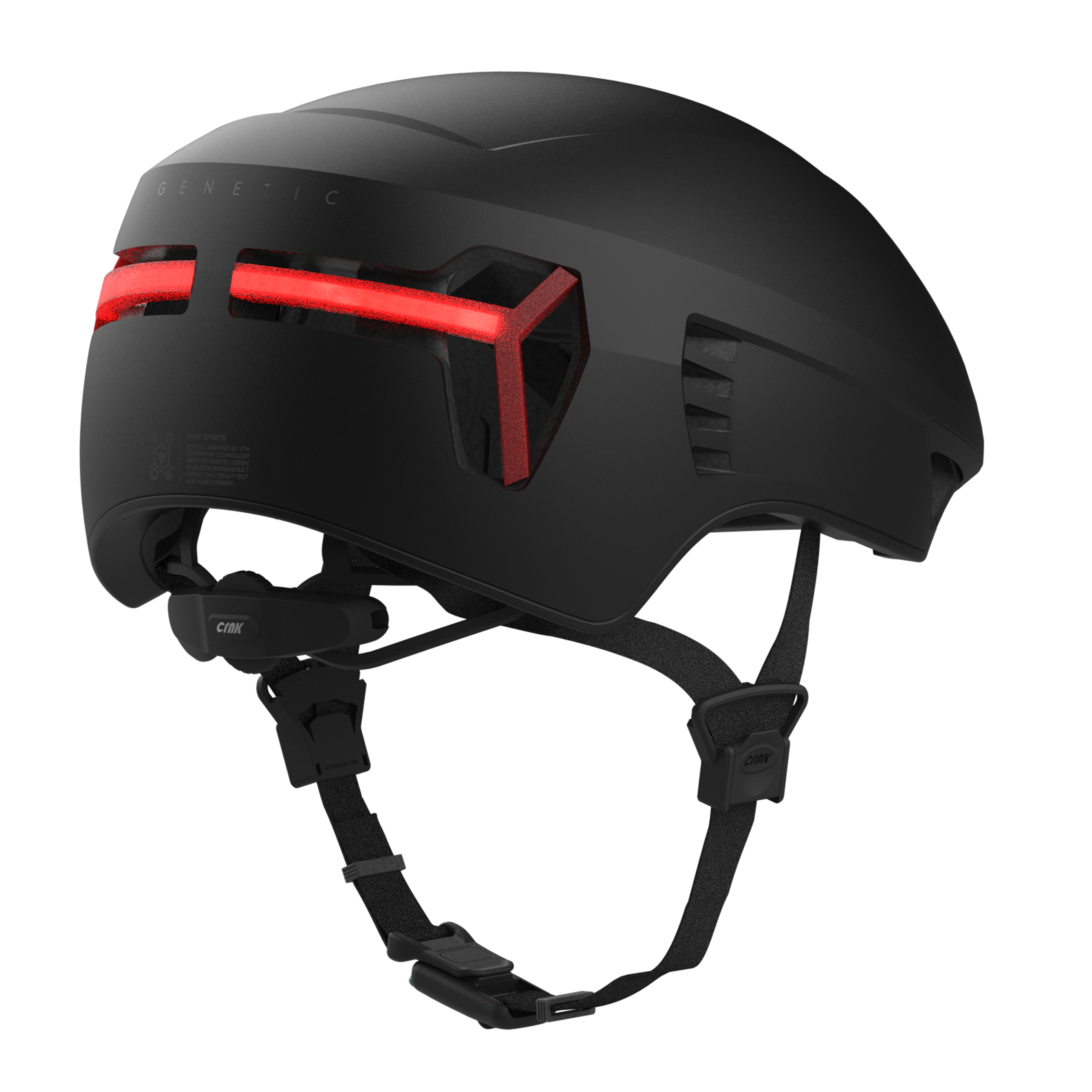 Ein schwarzer Fahrradhelm mit roten Lichtern und Riemen, mit schwarzem Einstellrad.