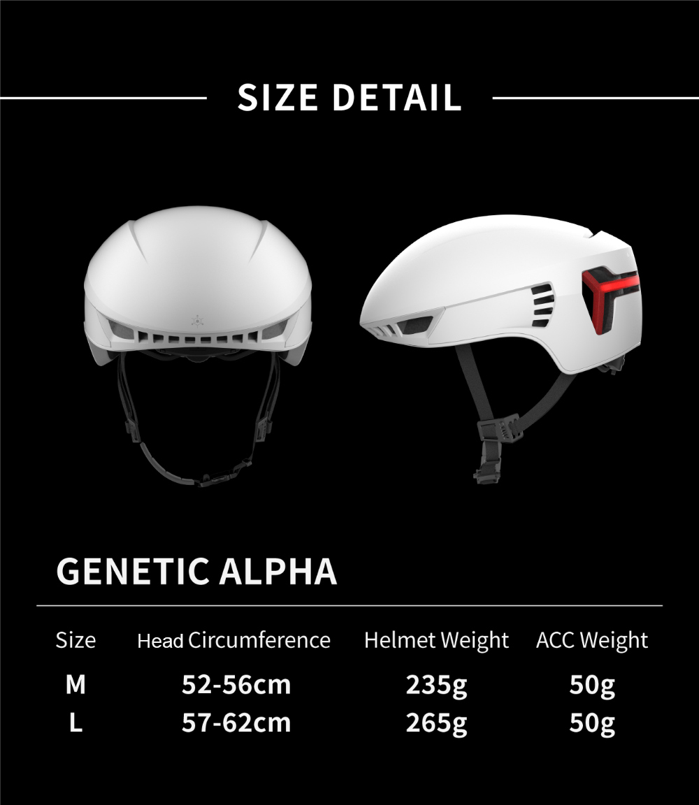 Zwei weiße Helme, Größenangaben: M (52-56cm, 235g, 50g) und L (57-62cm, 265g, 50g).