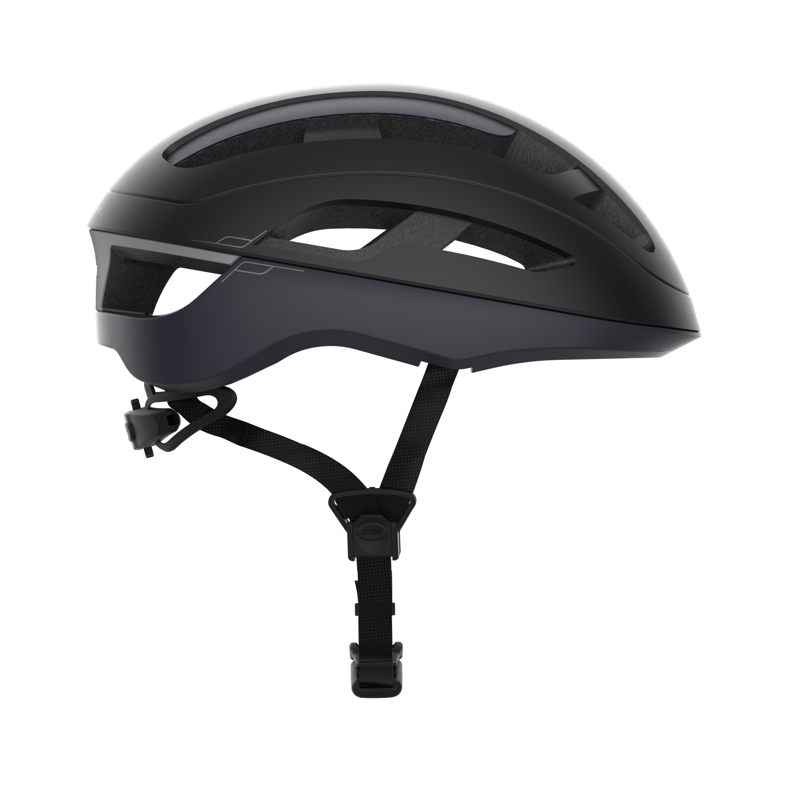 Schwarzer Fahrradhelm mit Riemen auf weißem Grund.
