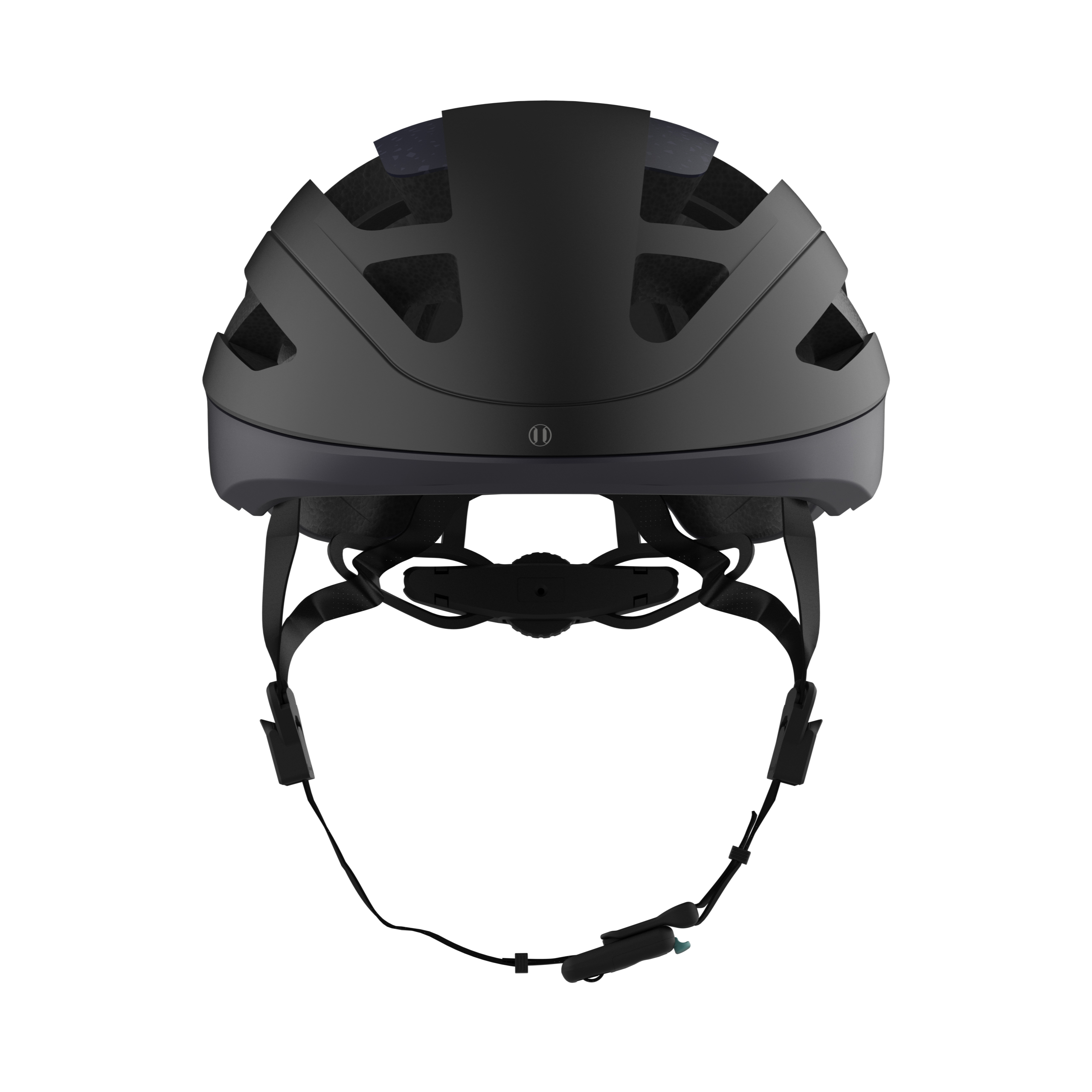 Ein schwarzer Fahrradhelm auf weißem Hintergrund.