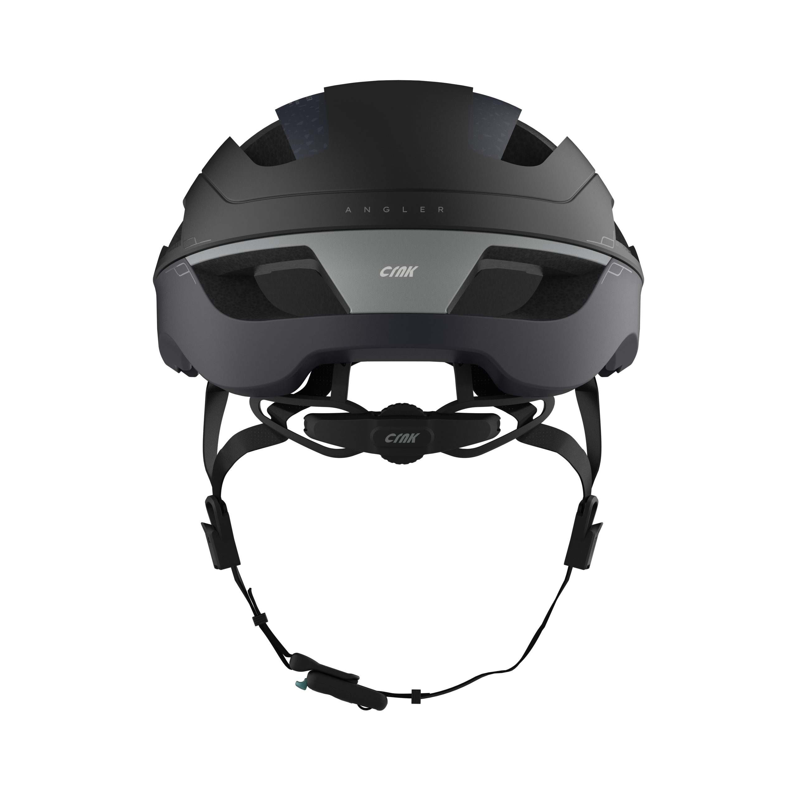 Schwarzer Fahrradhelm aus der Vogelperspektive. Das Wort ANGLER steht auf dem Helm.