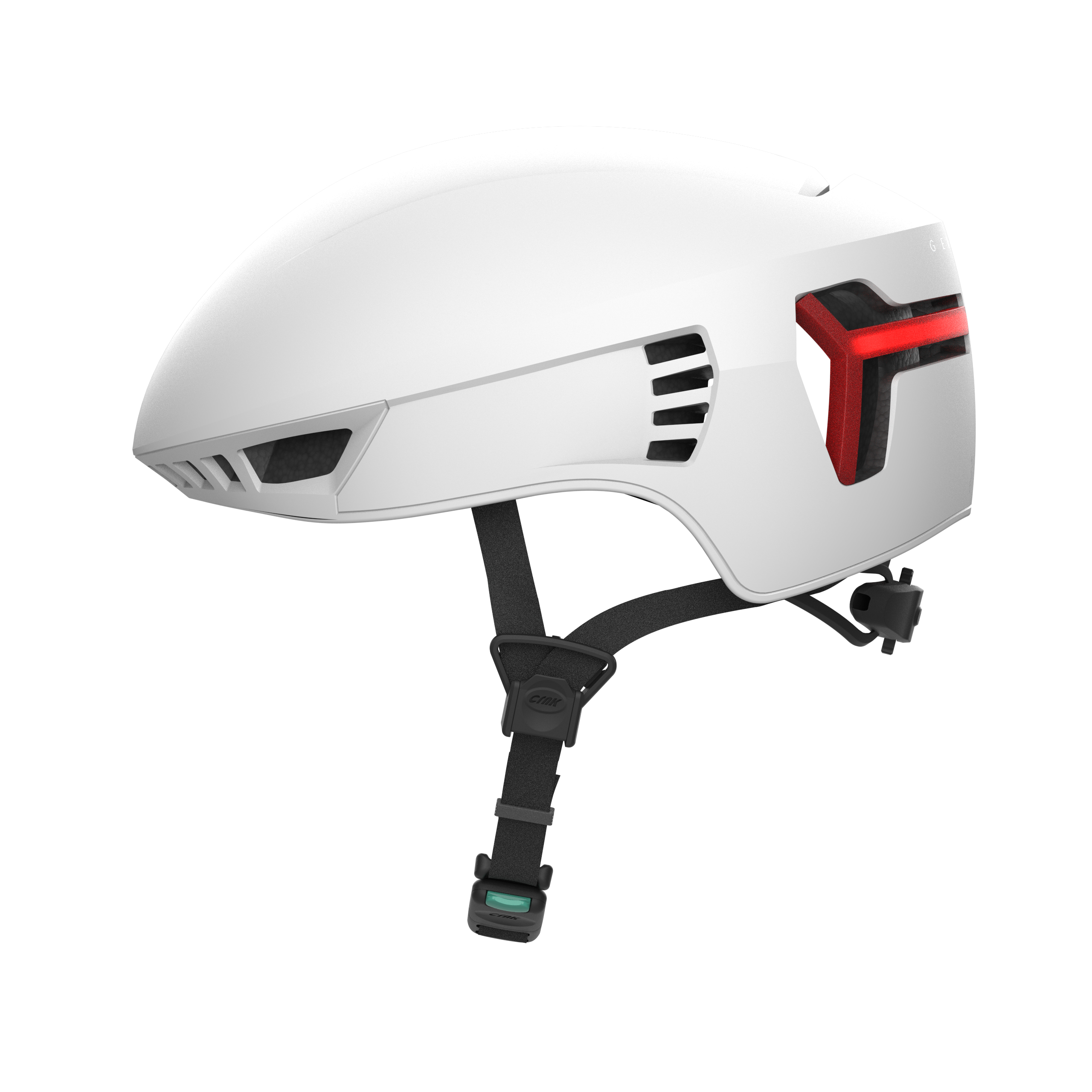 Ein weißer Fahrradhelm mit roten Akzenten und einem schwarzen Riemen. Der Helm ist schlank und modern.