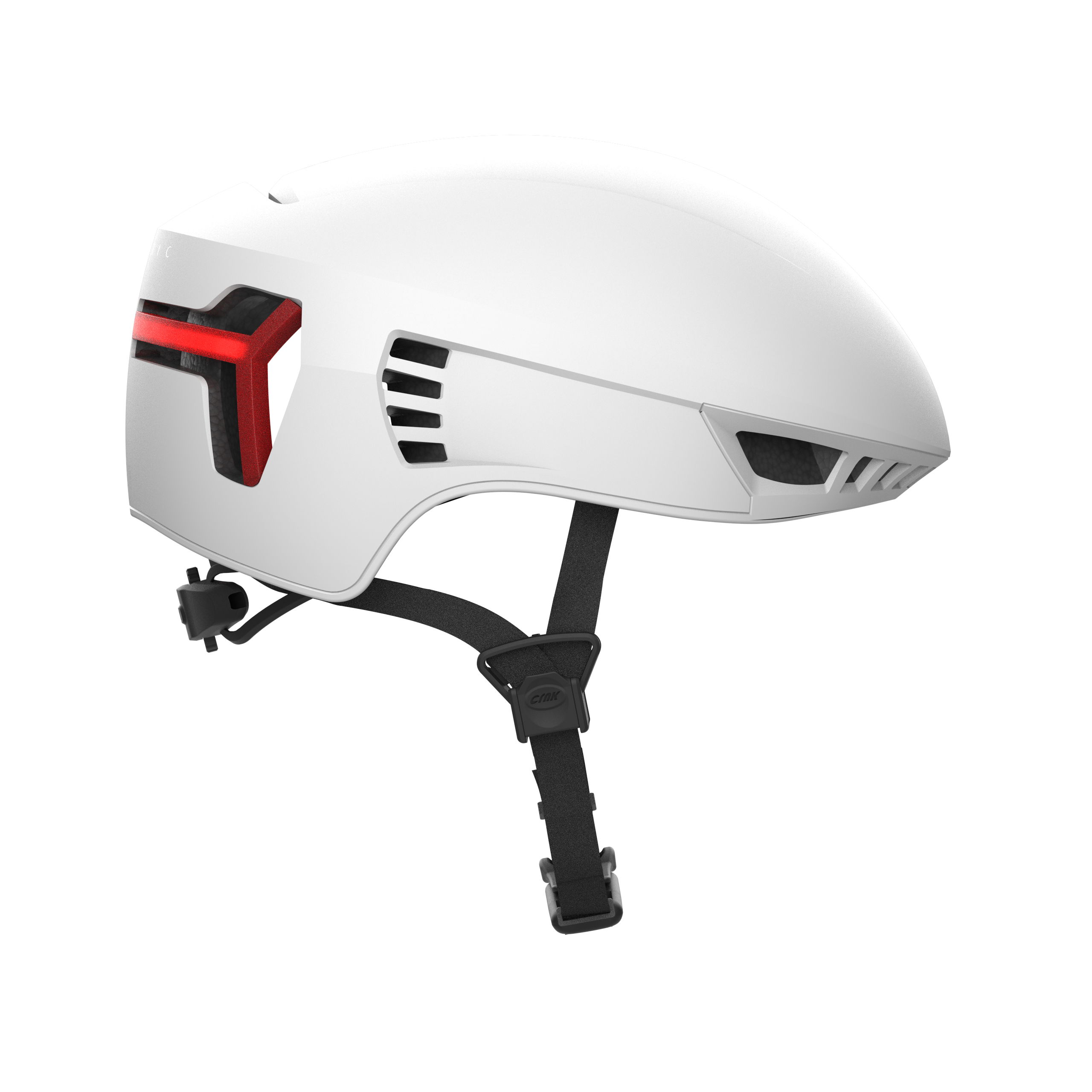 Ein weißer aerodynamischer Fahrradhelm mit rotem Licht an der Seite und schwarzen Riemen.
