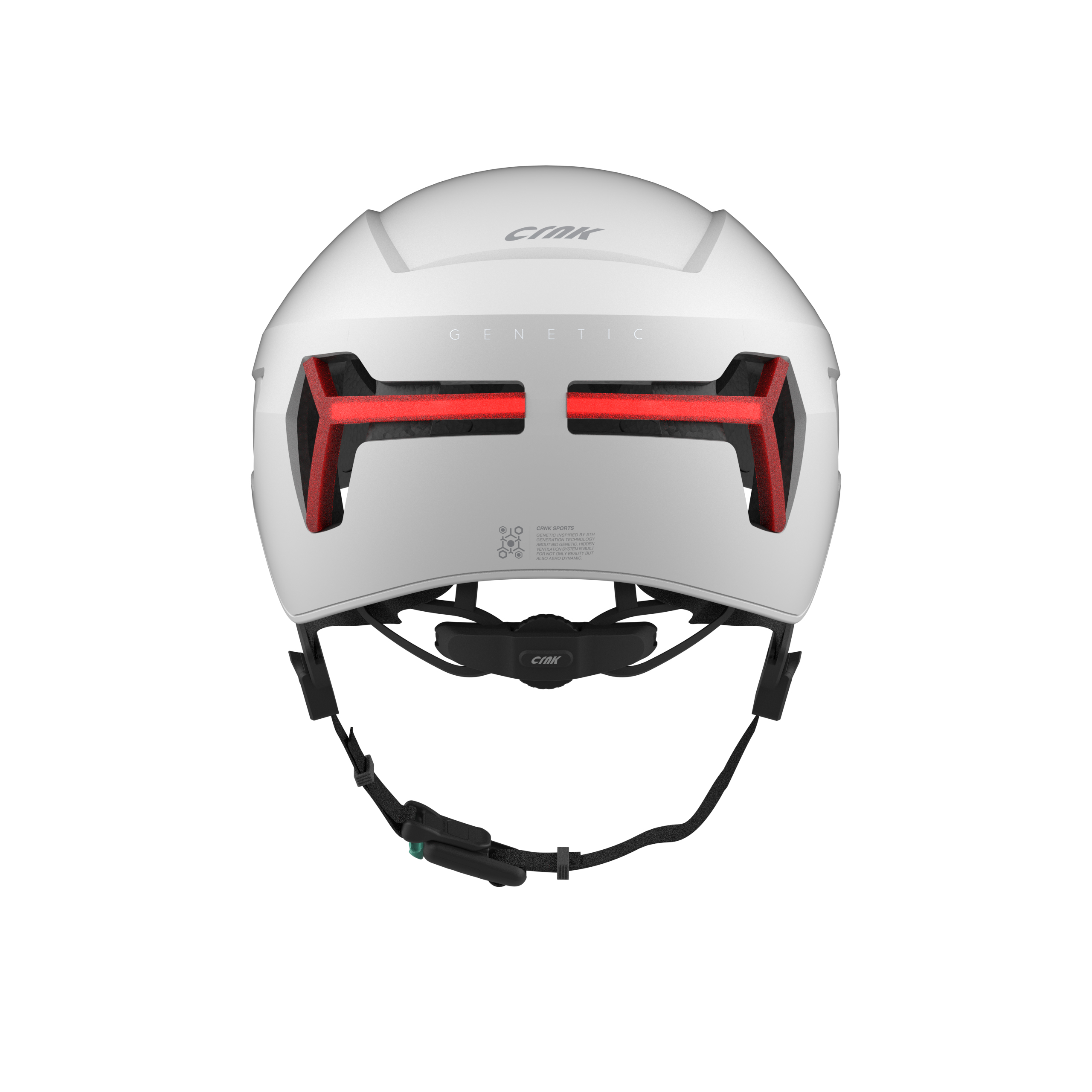 Weißer Fahrradhelm. Rote Lichter hinten. Schwarze Riemen. Weißer Hintergrund.