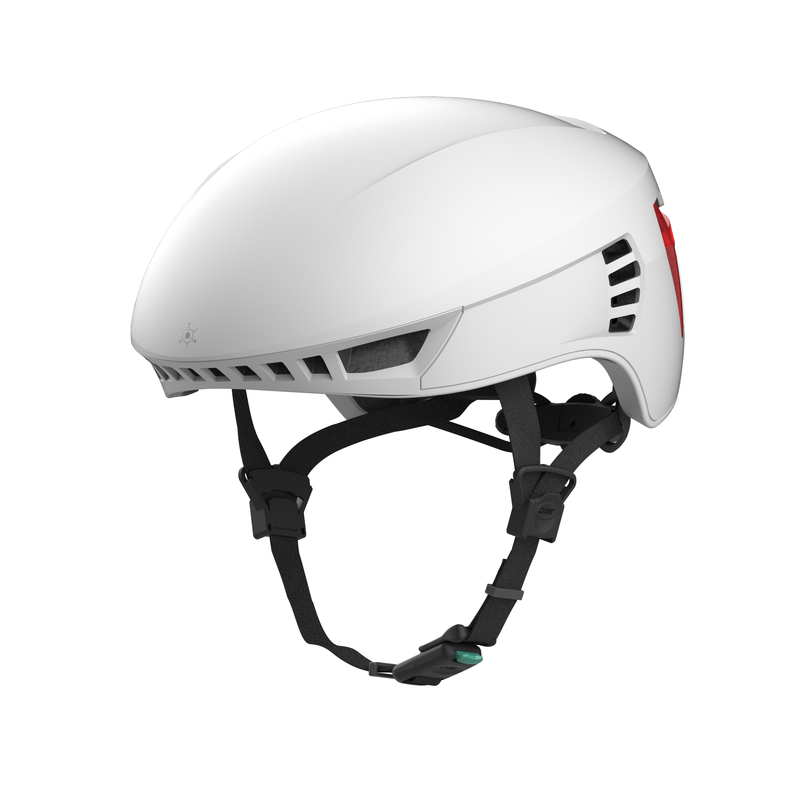 Weißer Fahrradhelm mit schwarzen Riemen. Roter Akzent auf der Rückseite. Sauberes, modernes Design.