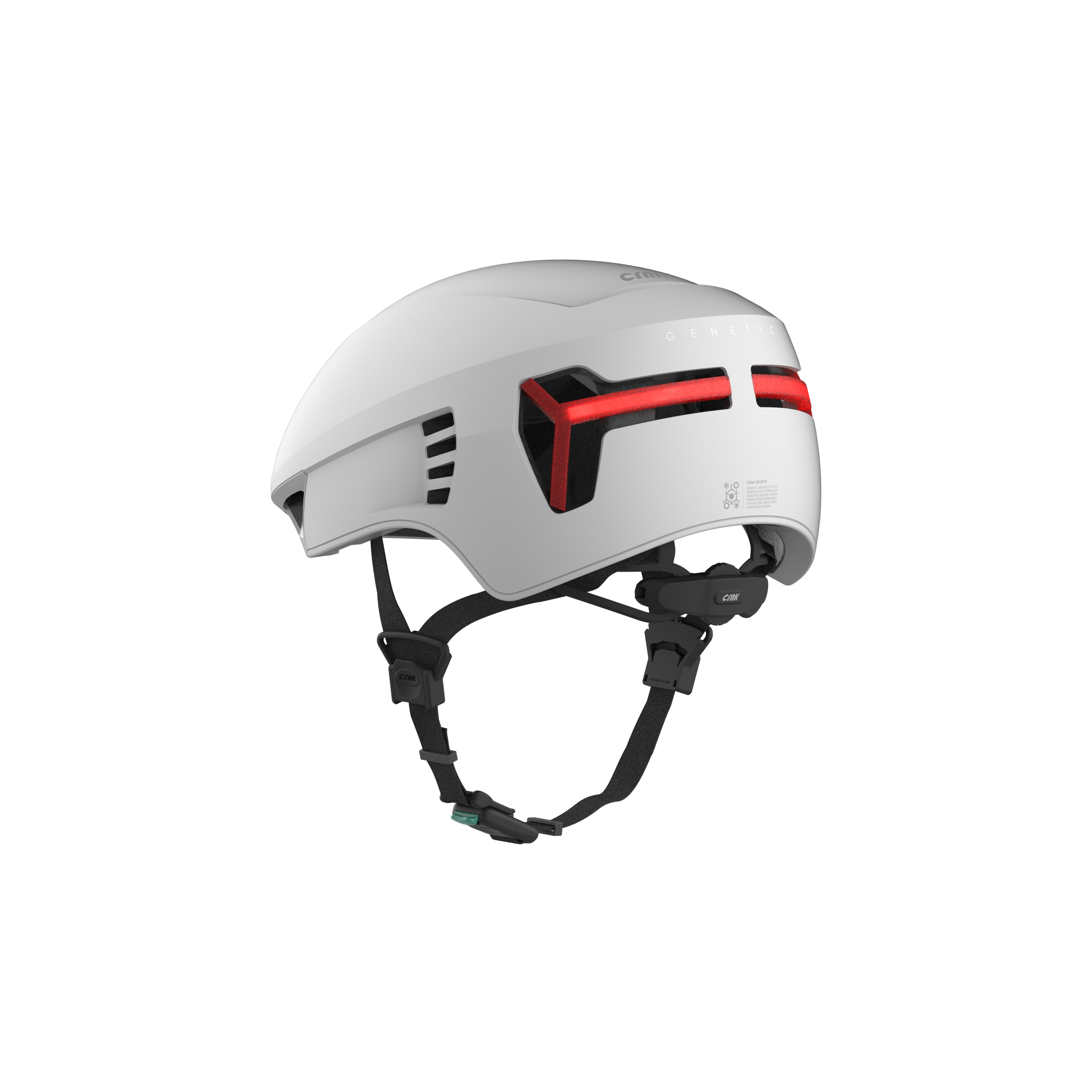 Weißer Fahrradhelm mit roten Lichtern hinten und schwarzen Riemen, auf Weiß.