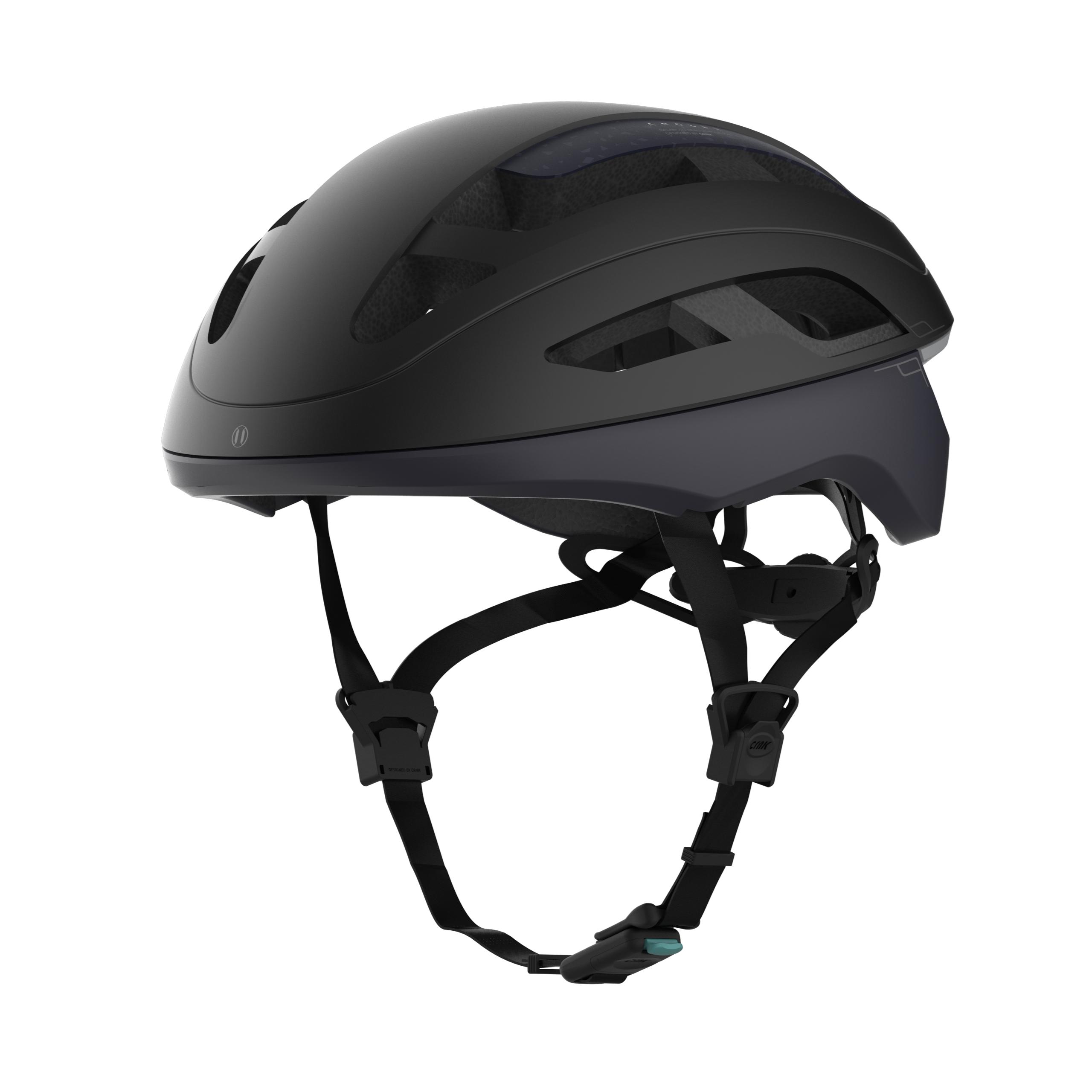 Schwarzer Fahrradhelm mit verstellbaren Riemen.