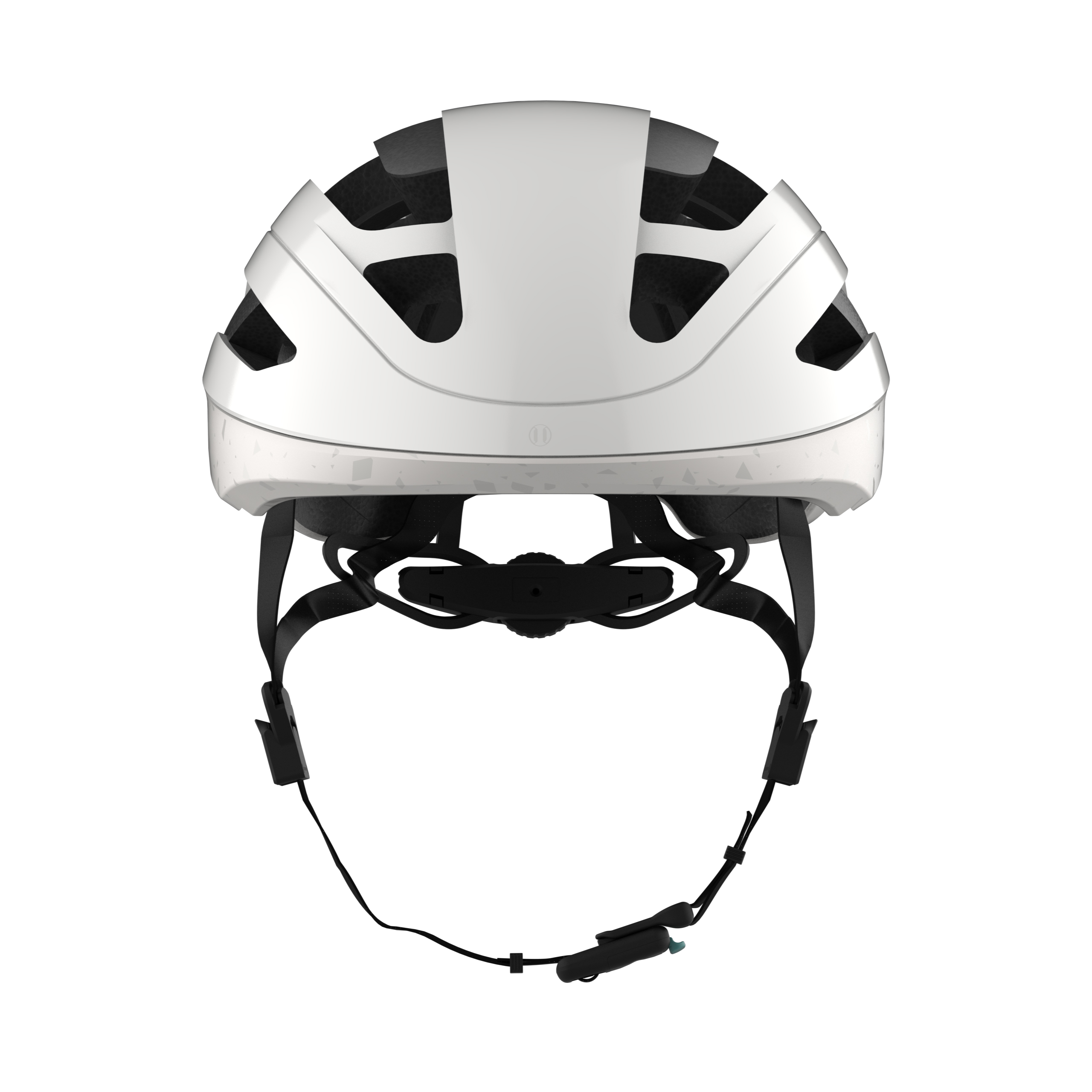 Weißer Fahrradhelm vor weißem Hintergrund mit schwarzen Riemen und einem Verstellmechanismus.