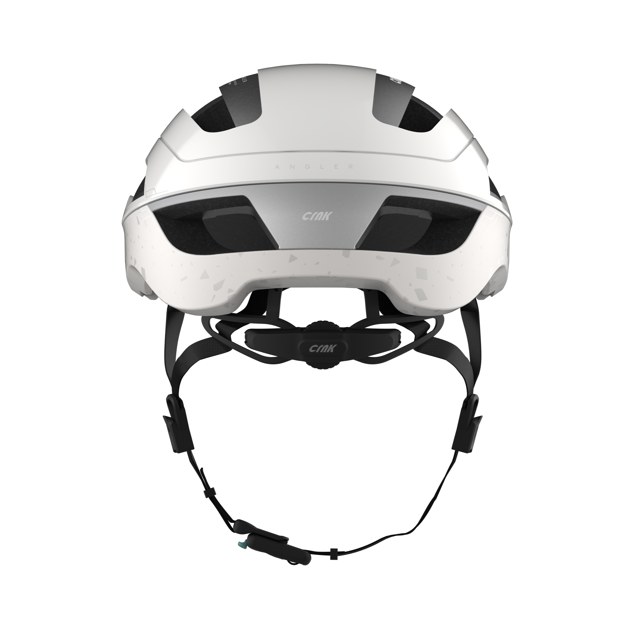 Ein weißer Fahrradhelm, Vorderansicht, mit 'ANGLER' und Markennamen darauf.