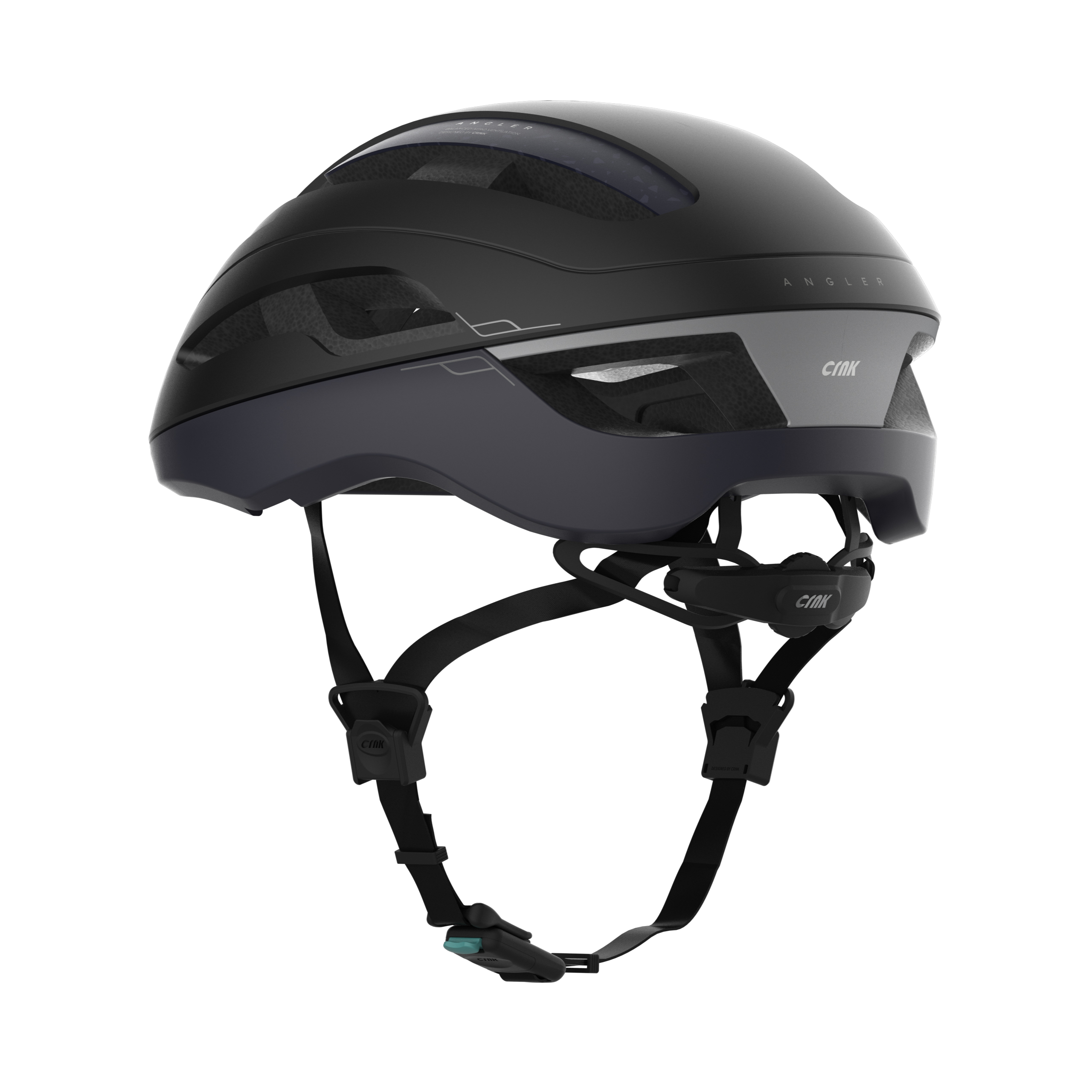Schwarzer Fahrradhelm mit grauen Akzenten. Mit Riemen und Dreheinstellung. 'ANGEL' und 'CMK' Logos.