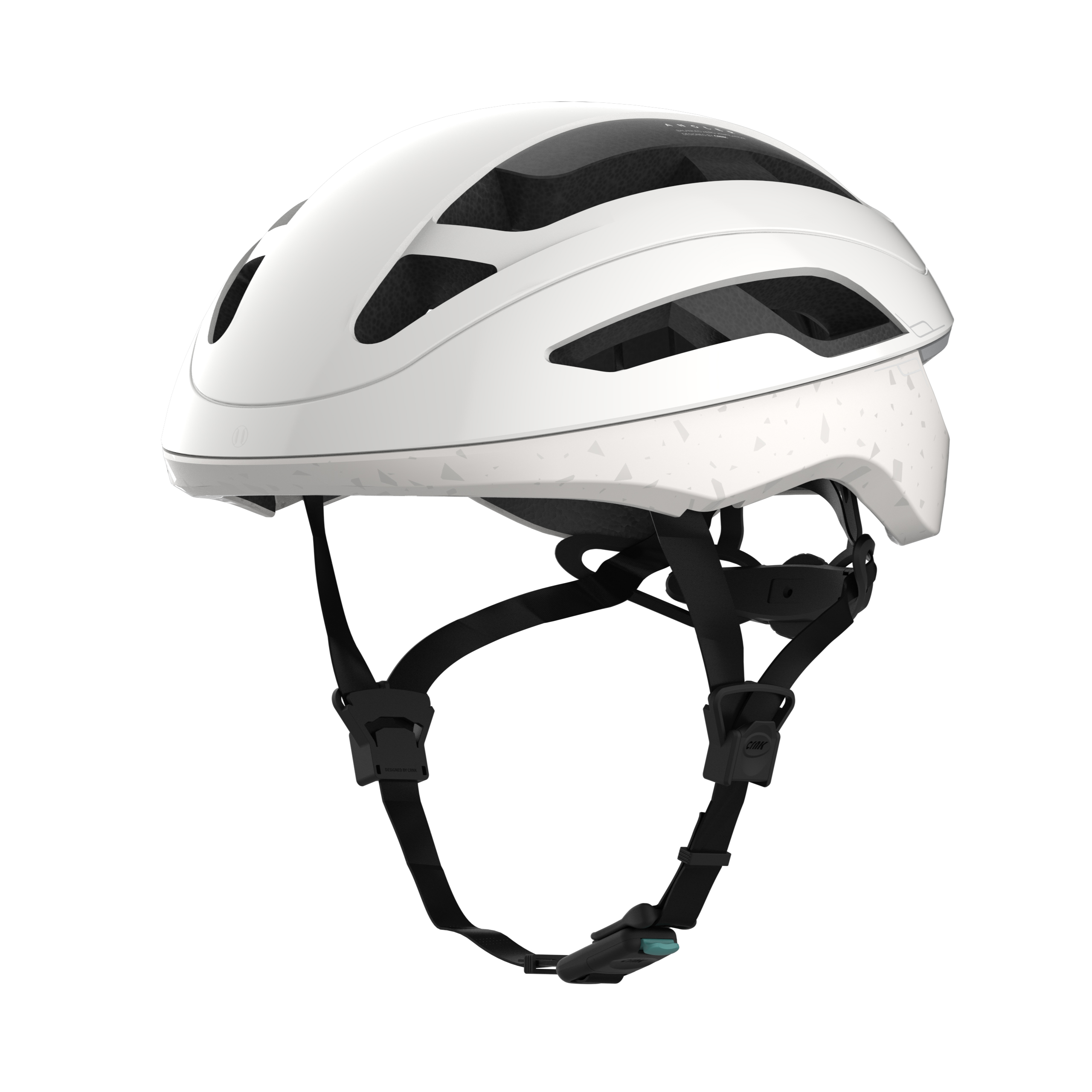 Weißer Fahrradhelm mit Belüftungsöffnungen, Riemen und schwarzem System.