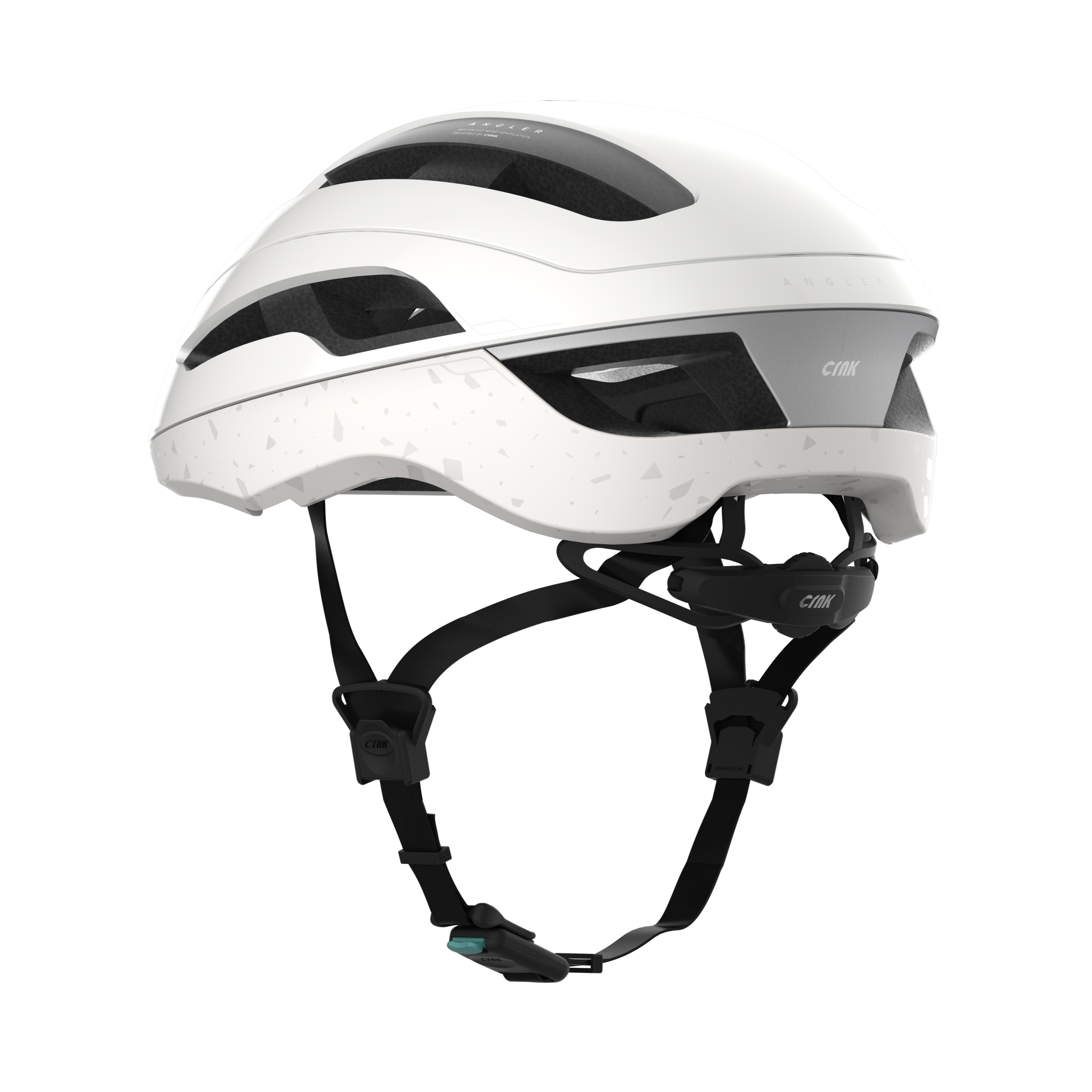 Ein weißer Fahrradhelm mit schwarzen Riemen und Akzenten. Der Helm hat ein strukturiertes Muster.