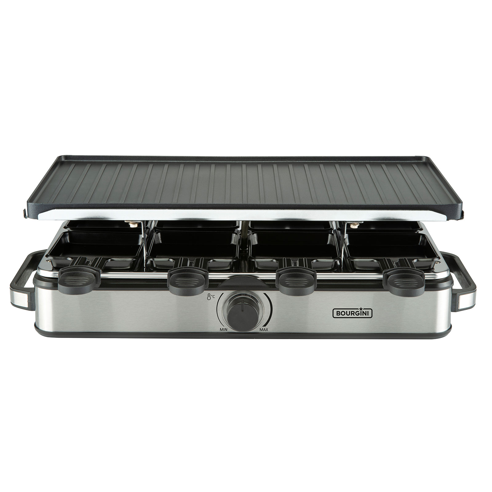 Metall-Raclette-Grill mit vier Käsehaltern und einer geriffelten oberen Platte zum Kochen.
