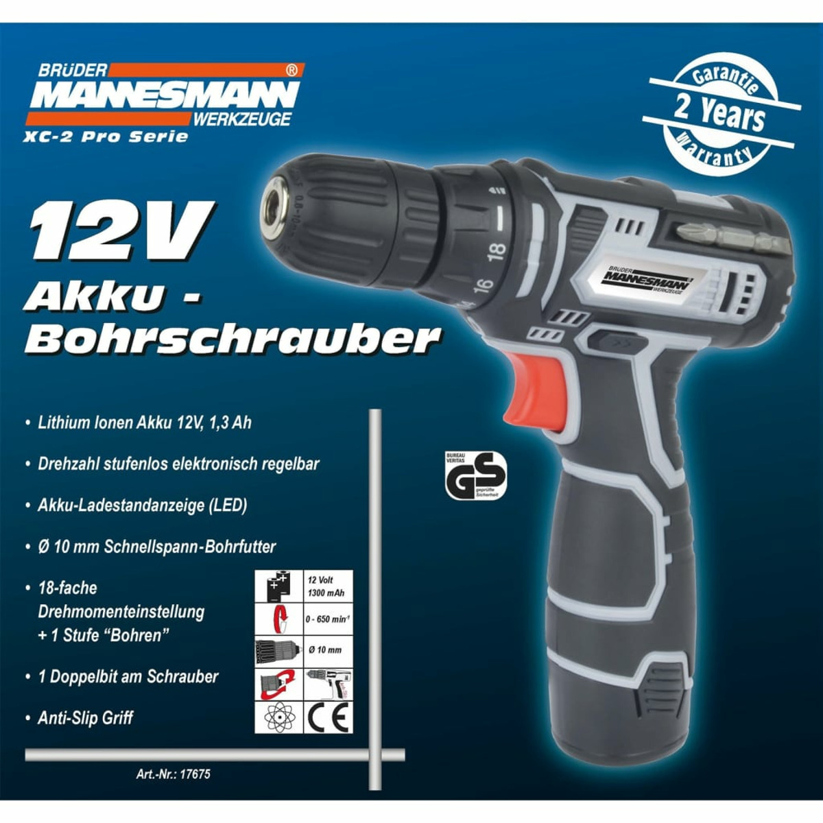 Akku-Bohrschrauber mit schwarz-grauem Gehäuse, roter Taste und silbernem Bohrer. Text auf der Bohrmaschine.