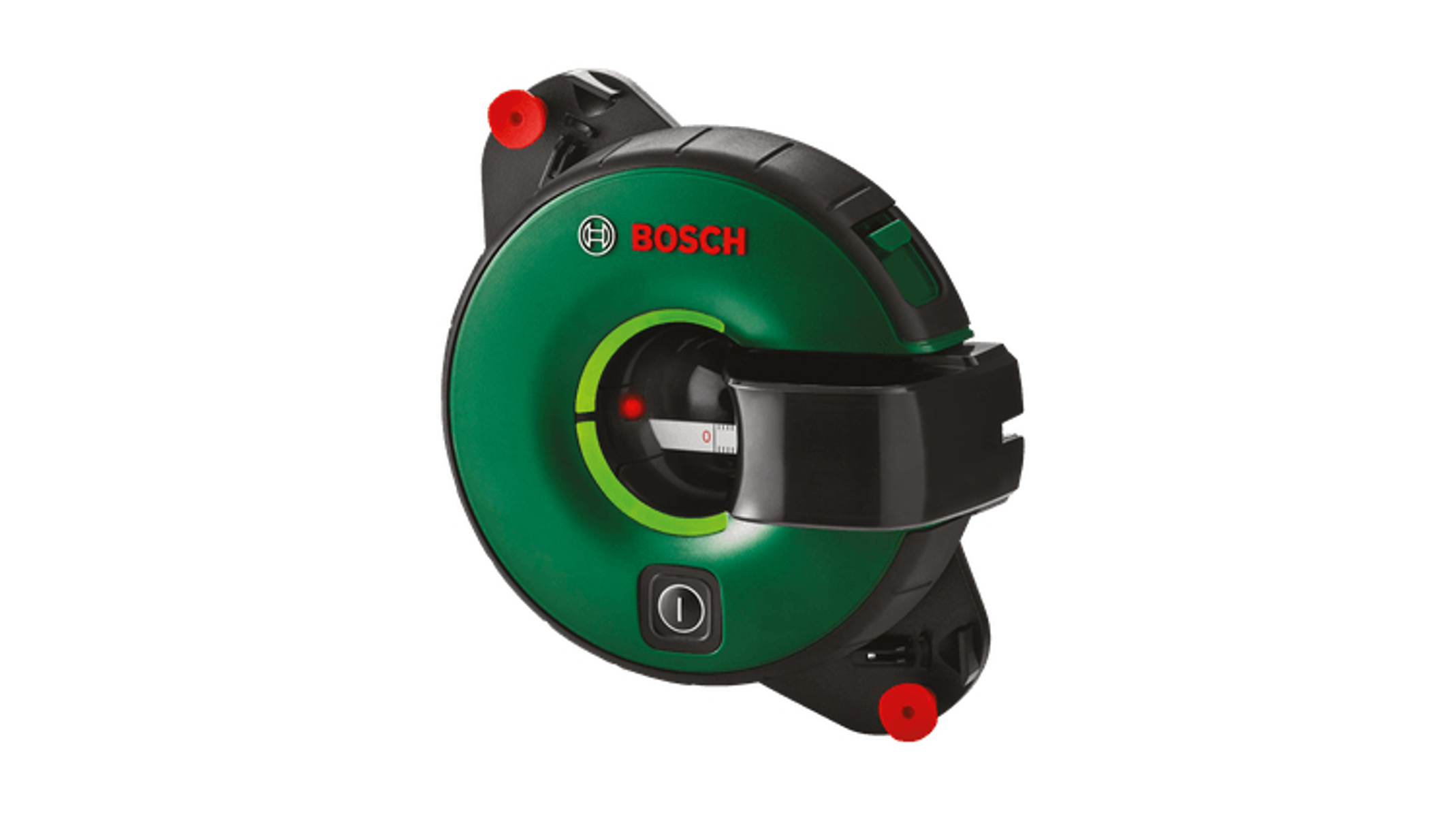 Grüner und schwarzer Laserpegel mit roten Akzenten, weißer Hintergrund. Bosch-Logo sichtbar.