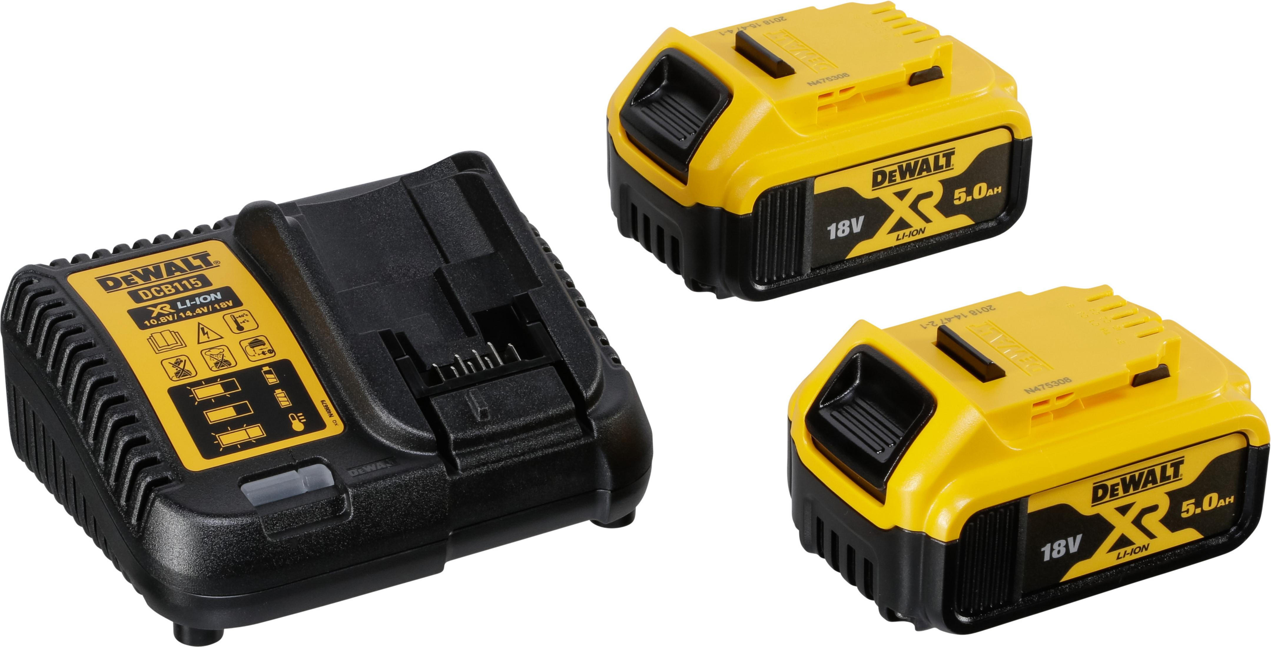 Czarna i żółta ładowarka i akumulatory Dewalt. Dwa akumulatory po prawej, ładowarka po lewej.
