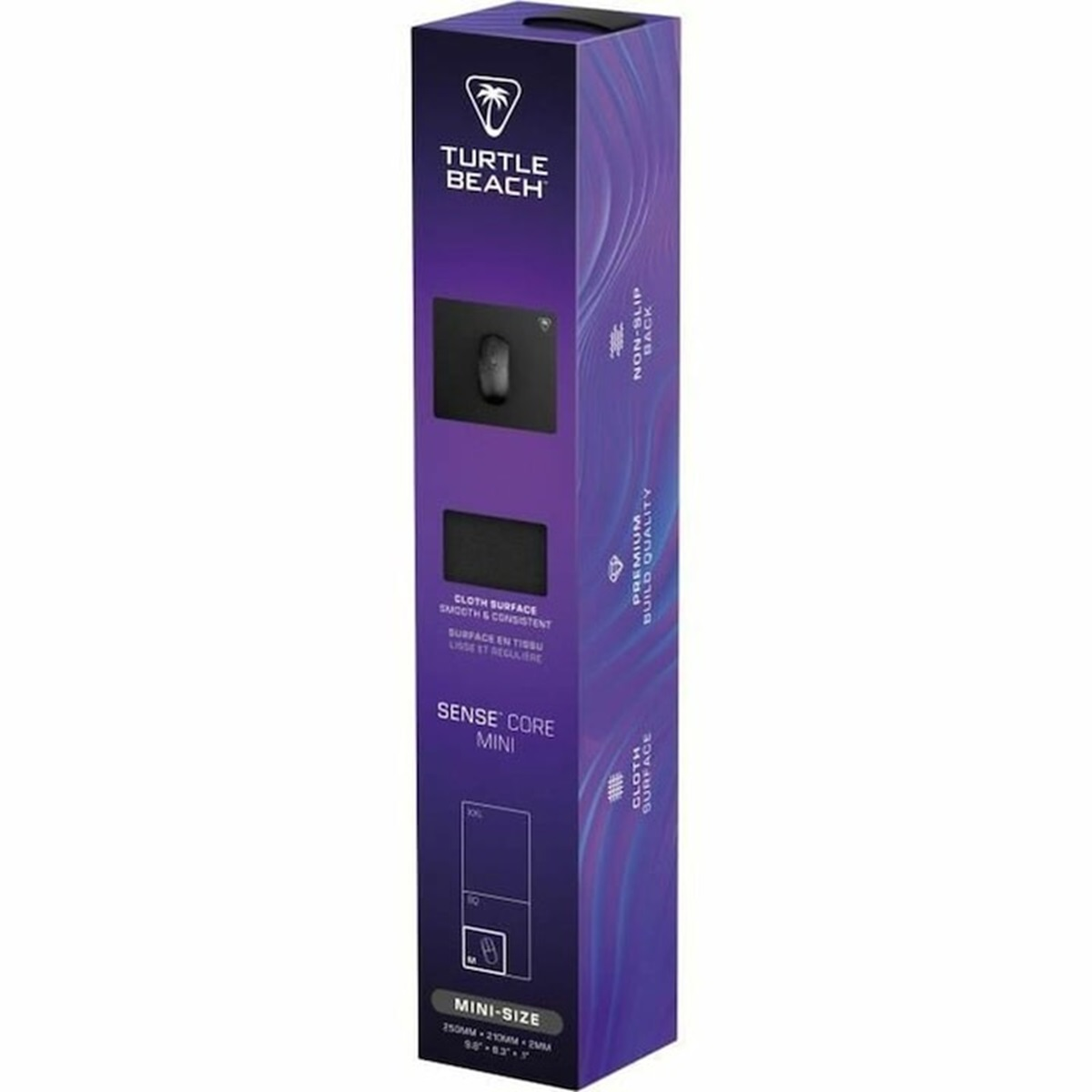 Wysokie pudełko: Turtle Beach, czarna mysz i podkładka, powierzchnia materiałowa, mini-rozmiar i czarno-fioletowy design.