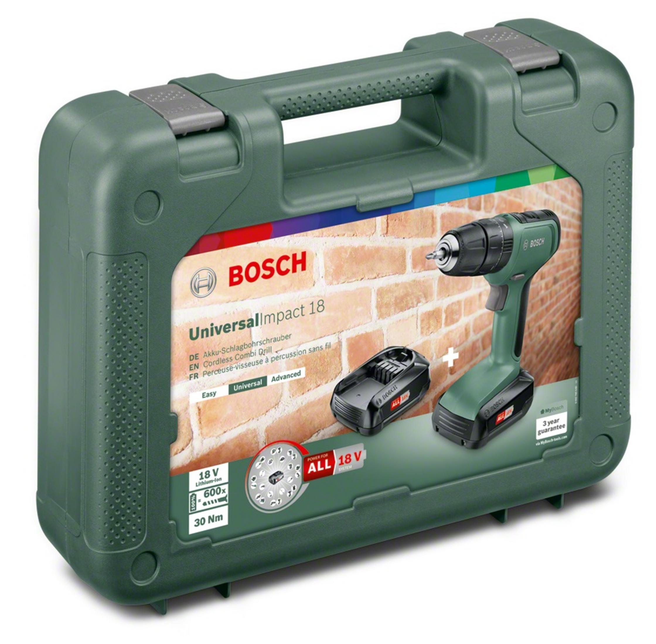 Taladro Bosch verde en un estuche. El estuche y el taladro están sobre un fondo blanco.