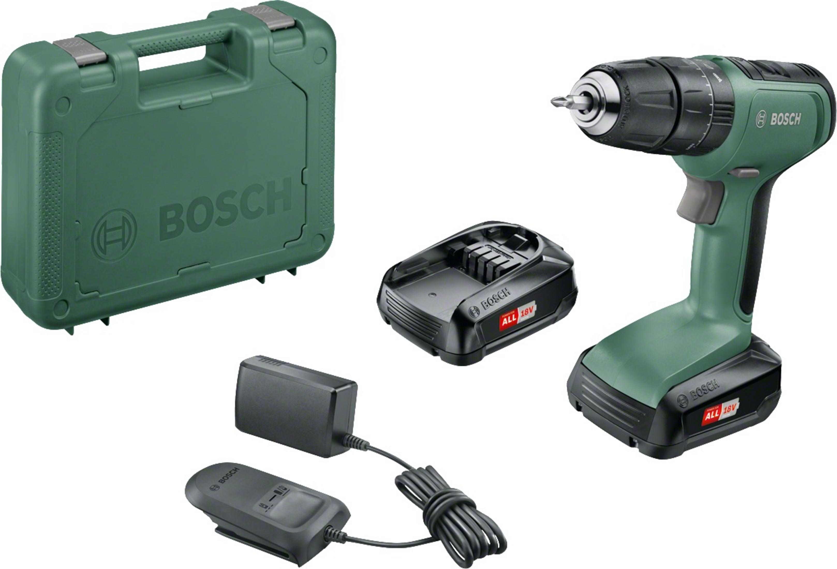 Juego de taladro inalámbrico Bosch con maletín verde, cargador, batería y el taladro. Verde y negro.