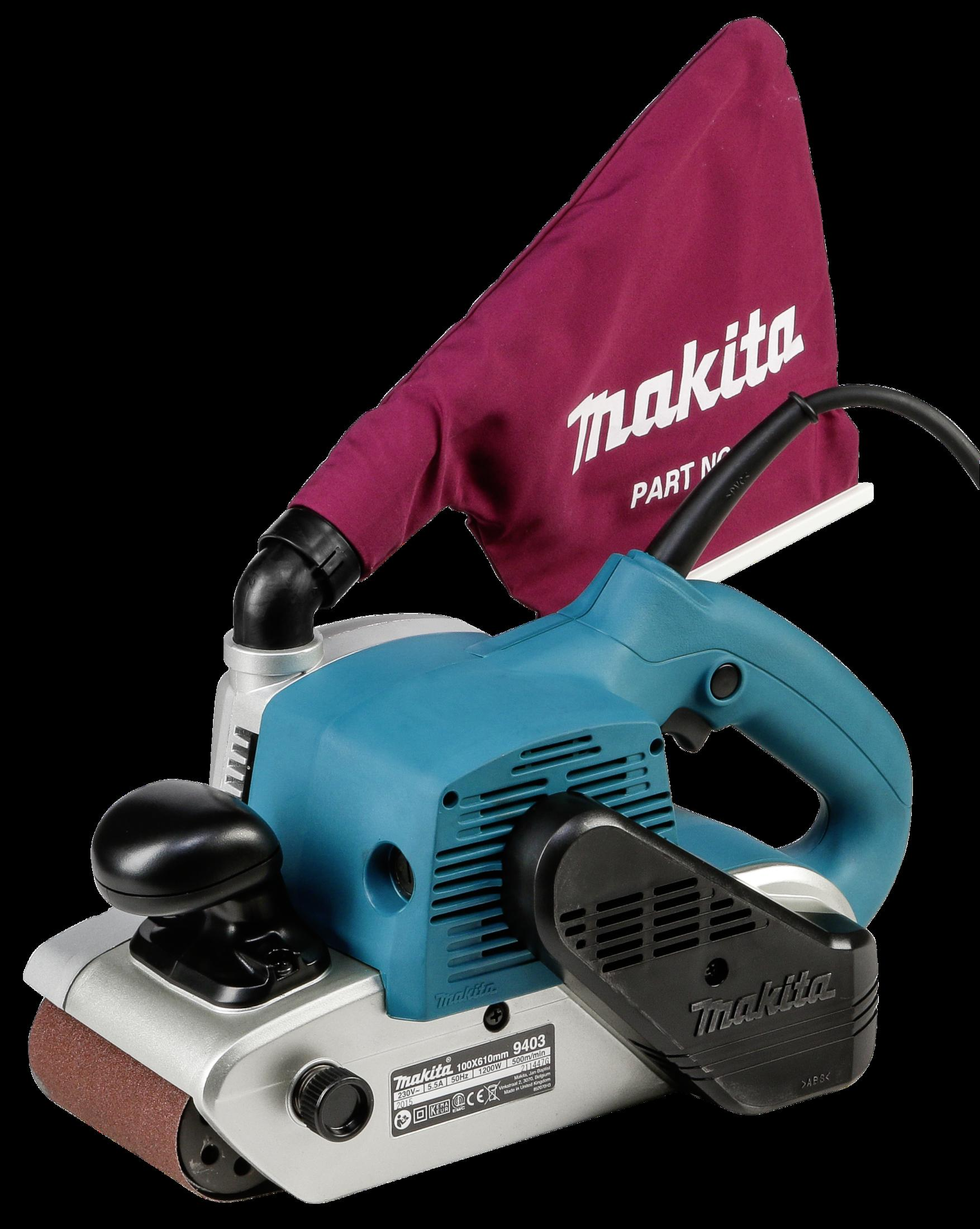 Ein blau-silberner Makita-Schleifer mit rotem Staubbeutel und schwarzem Hintergrund.
