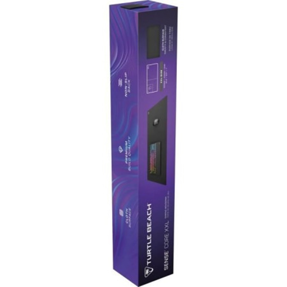 Długie pudełko z czarną podkładką pod mysz i obrazem klawiatury.