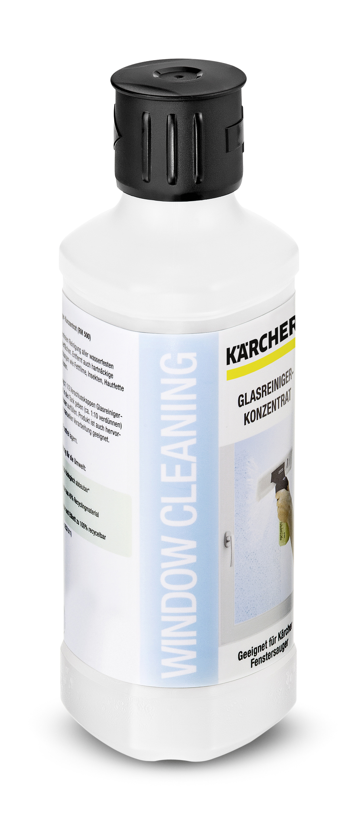 Weiße Flasche Karcher Fensterreiniger-Konzentrat mit schwarzem Deckel.