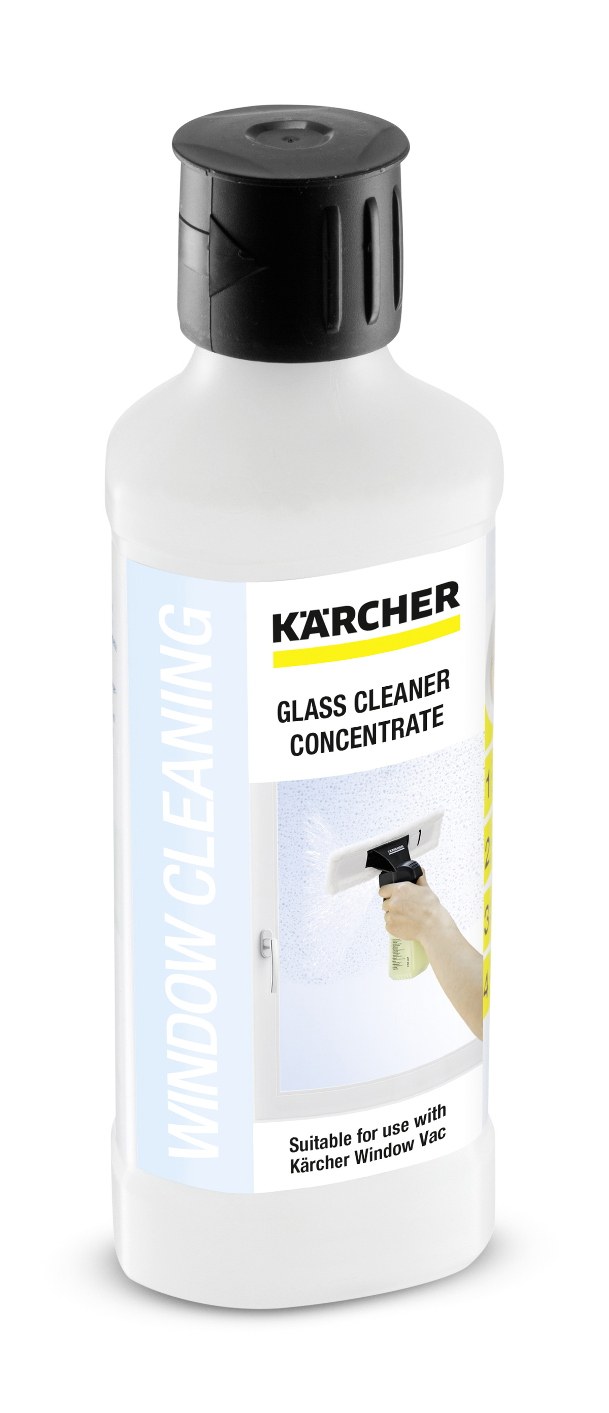 Weiße Flasche Glasreiniger mit schwarzem Deckel. Auf dem Etikett ist Fensterreinigung mit Hand abgebildet.