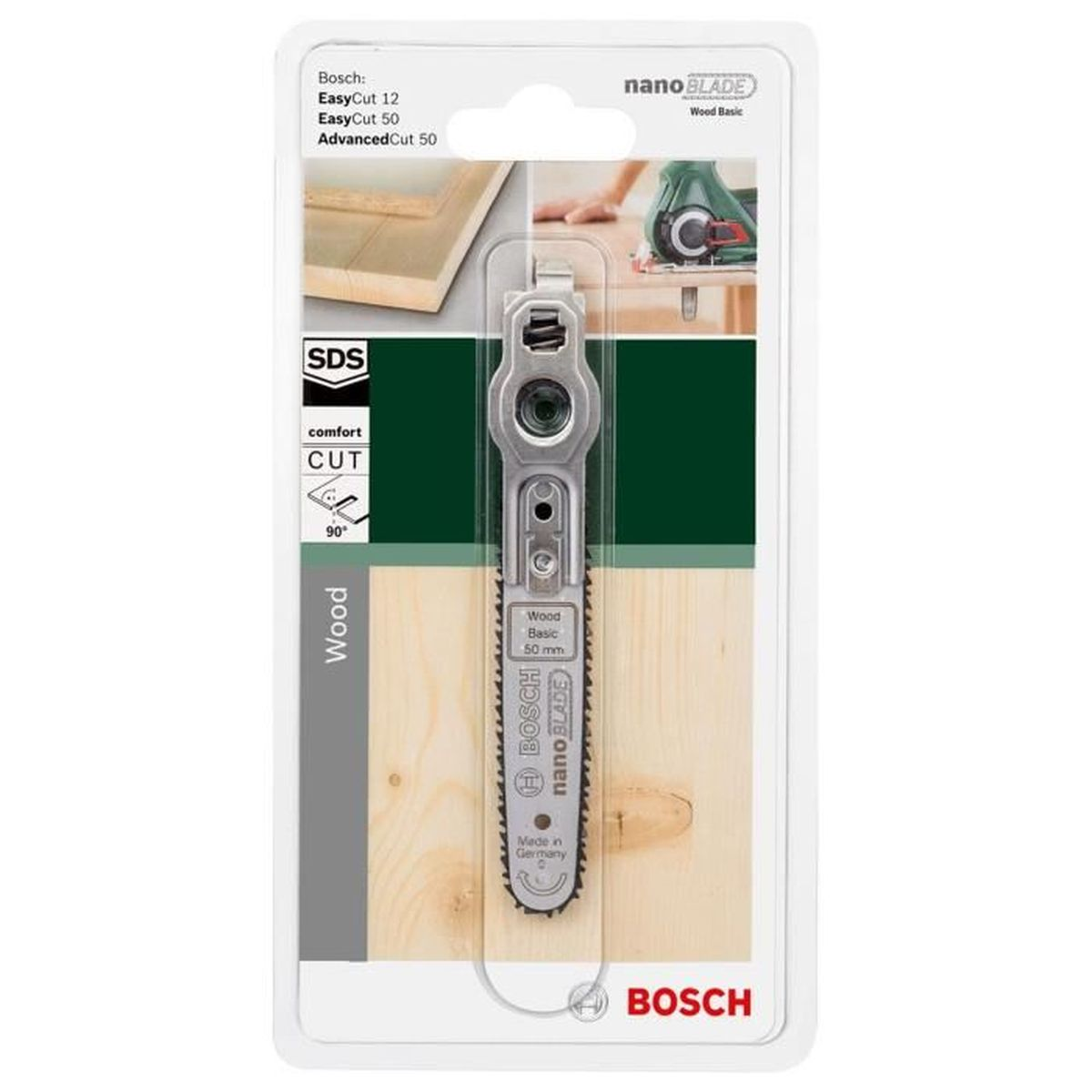 Bosch NanoBlade Wood Basic Klinge in Verpackung. Die Klinge ist silberfarben, die Verpackung weiß und blau.