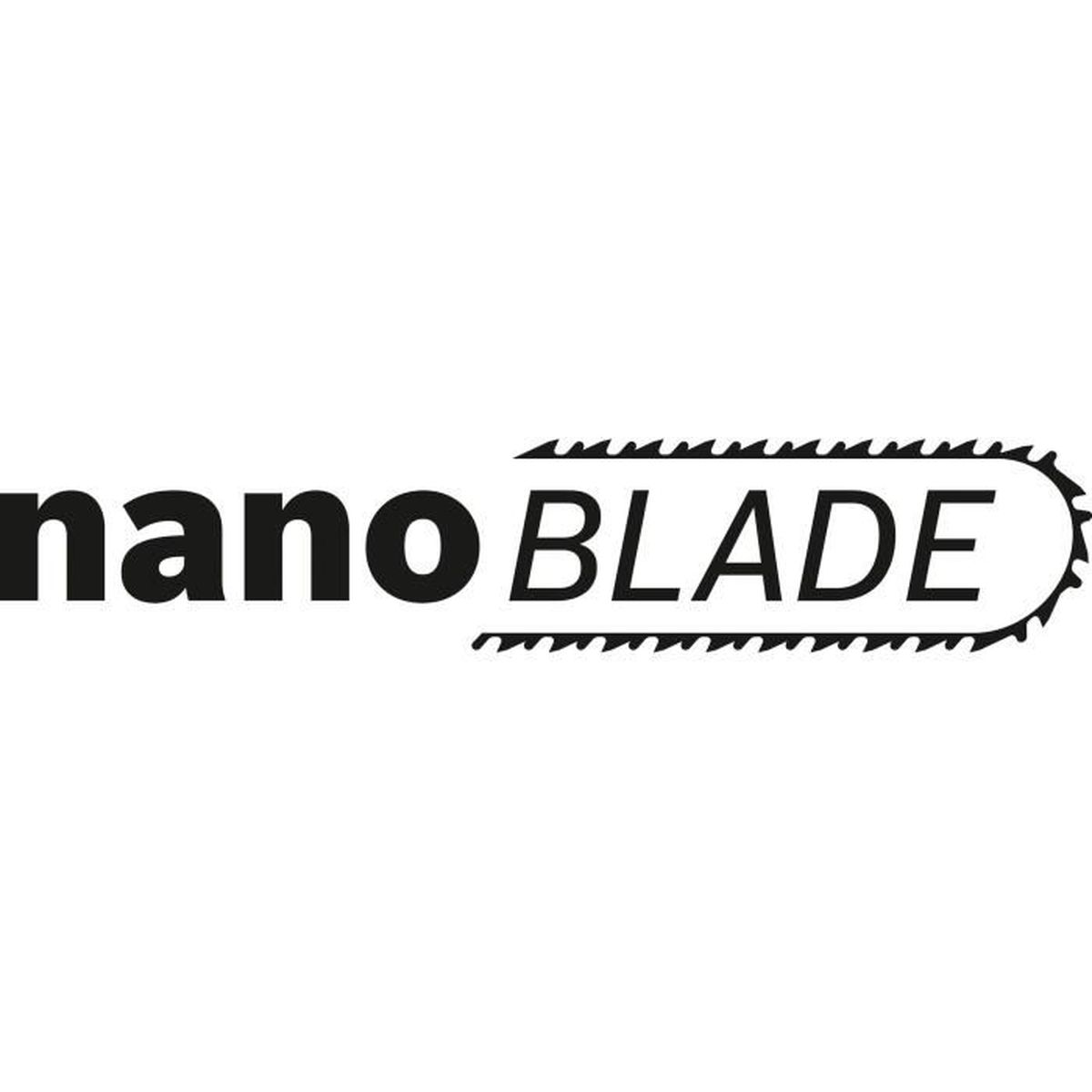 Il logo nano BLADE, lettere nere con una forma di lama curva alla fine della parola BLADE.