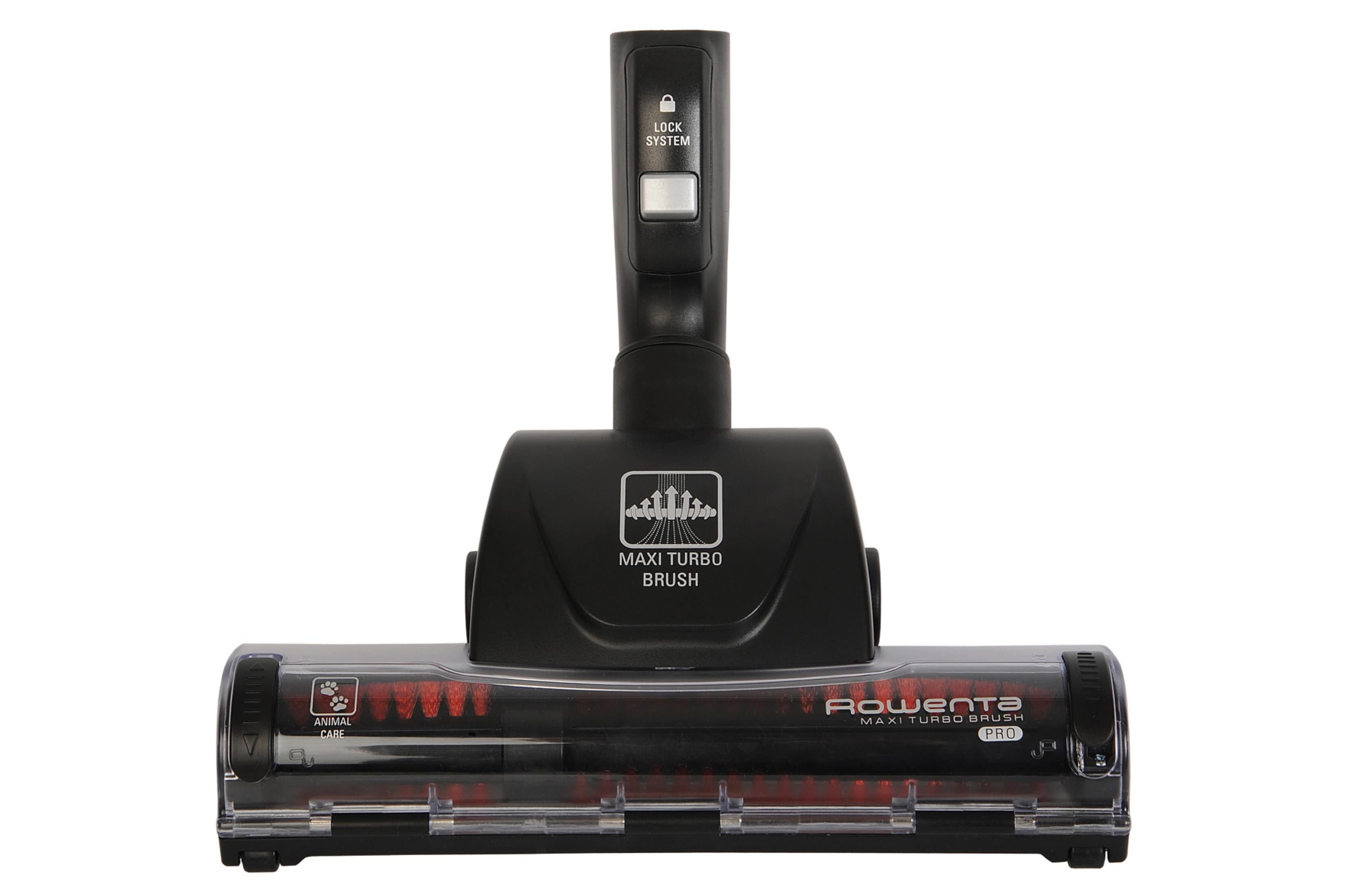 Schwarzer Staubsaugerkopf mit 'MAXI TURBO BRUSH' Text und roten Borsten.