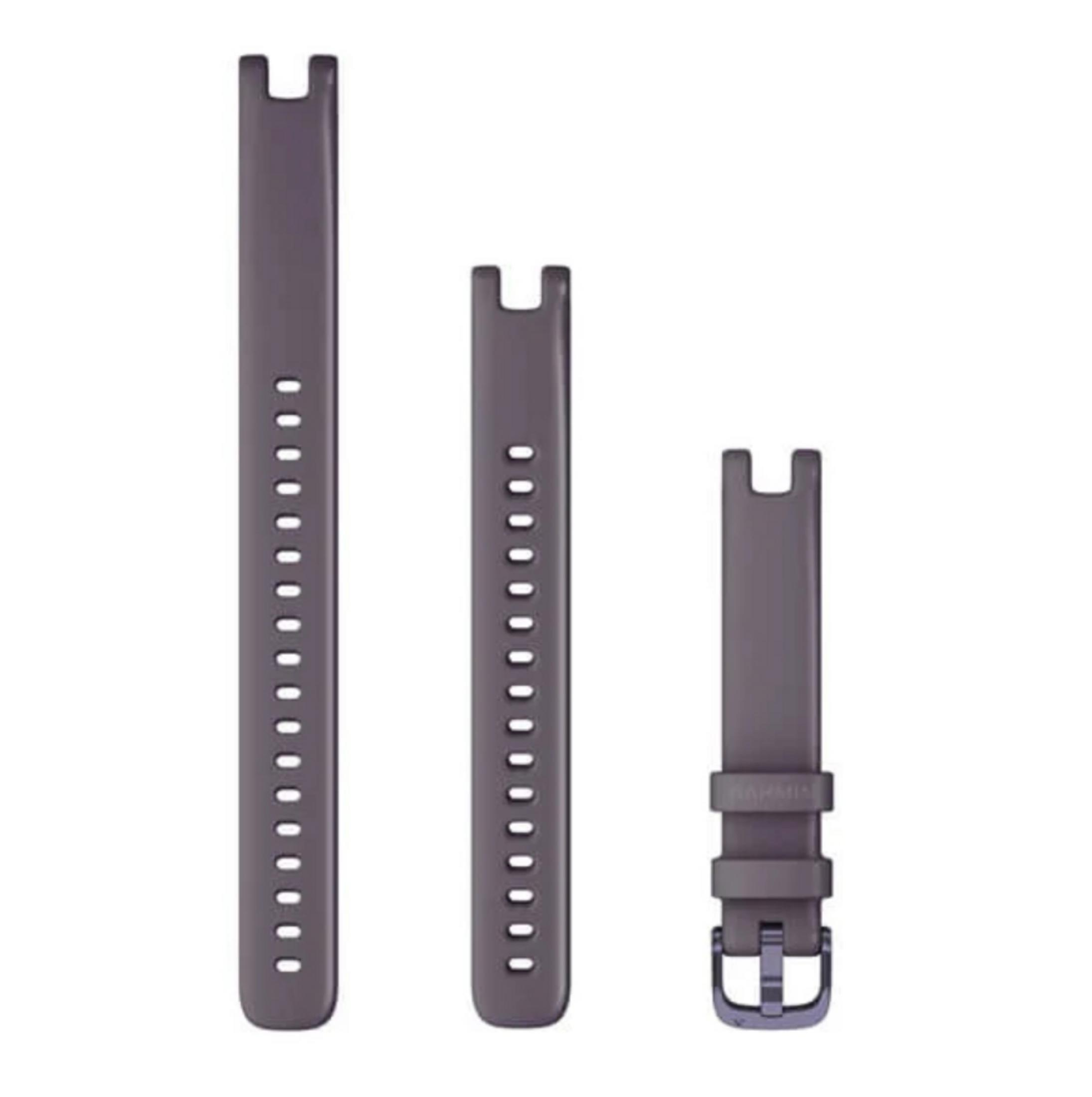 Trzy fioletowe paski do zegarków. Różne długości z otworami i klamrą. Białe tło.