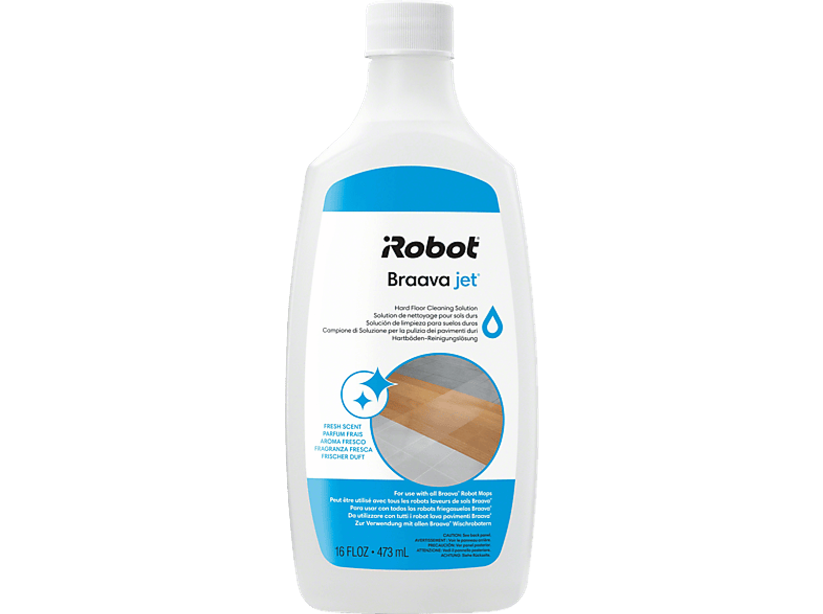 Biała butelka z płynem do czyszczenia podłóg twardych iRobot Braava Jet.