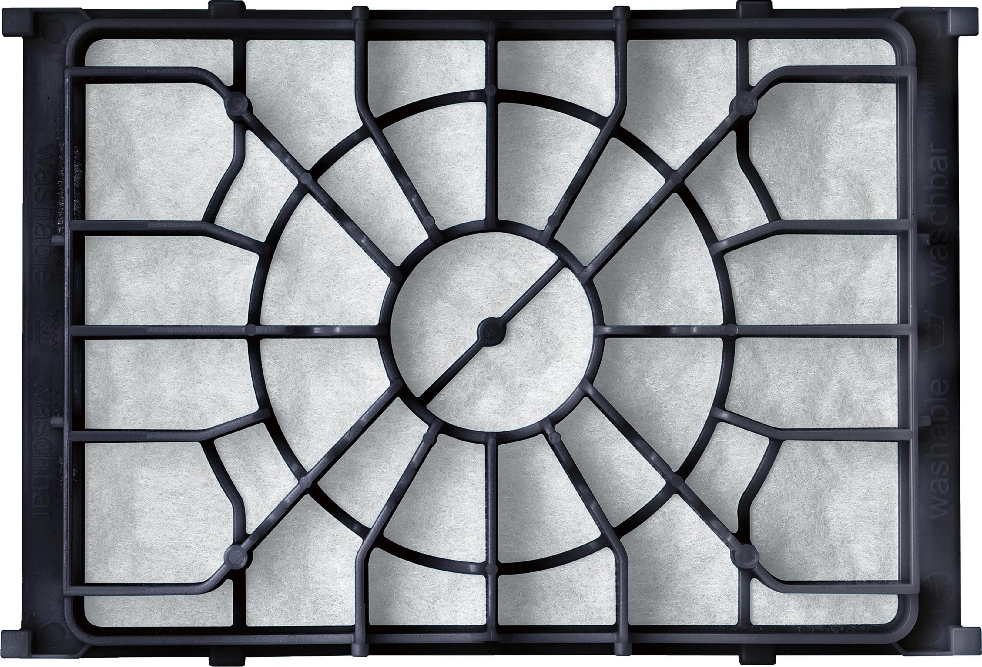 Filtro dell'aria rettangolare nero con un complesso motivo a griglia e materiale filtrante bianco all'interno.