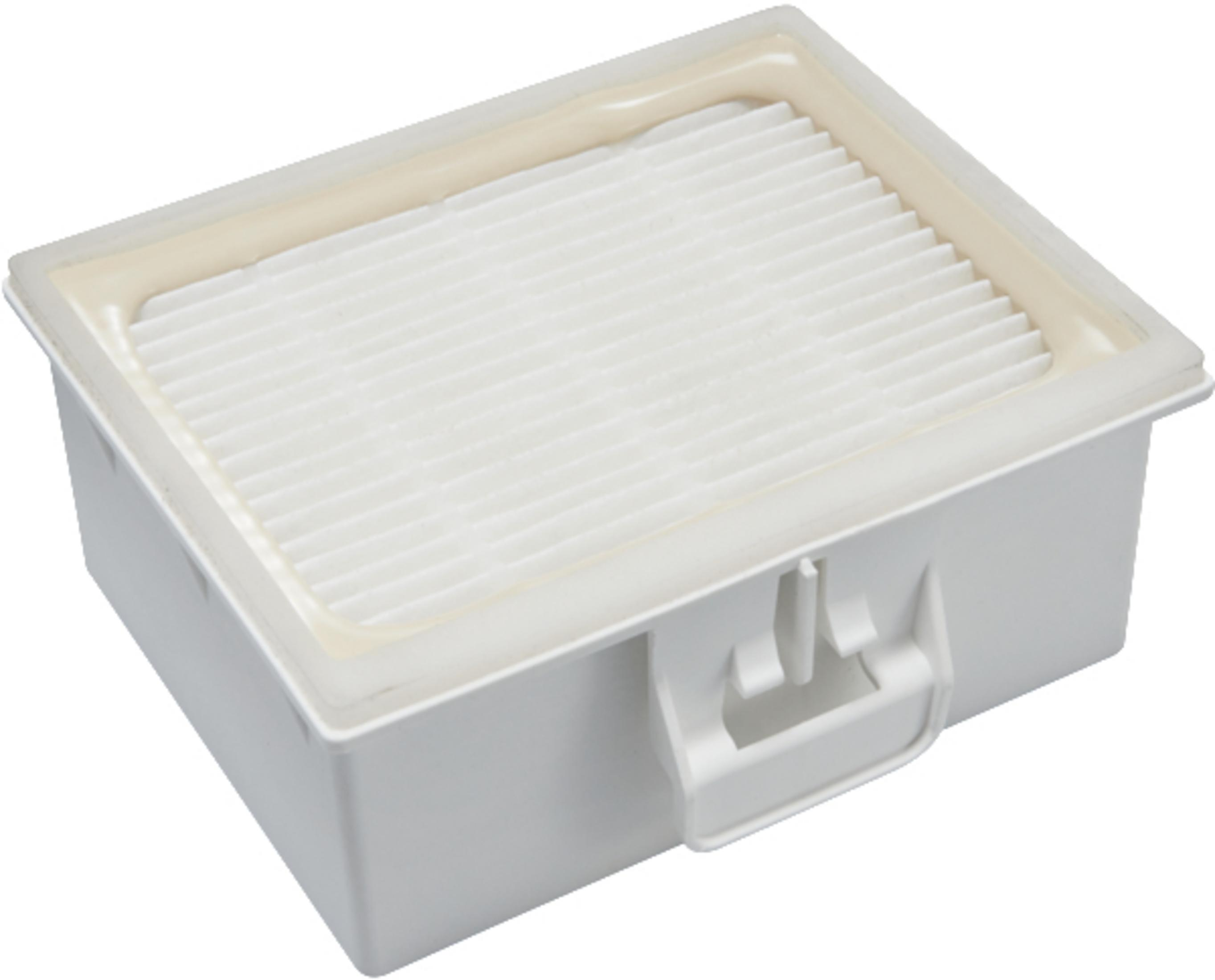 Filtro dell'aria rettangolare bianco con maniglia, isolato su sfondo bianco.