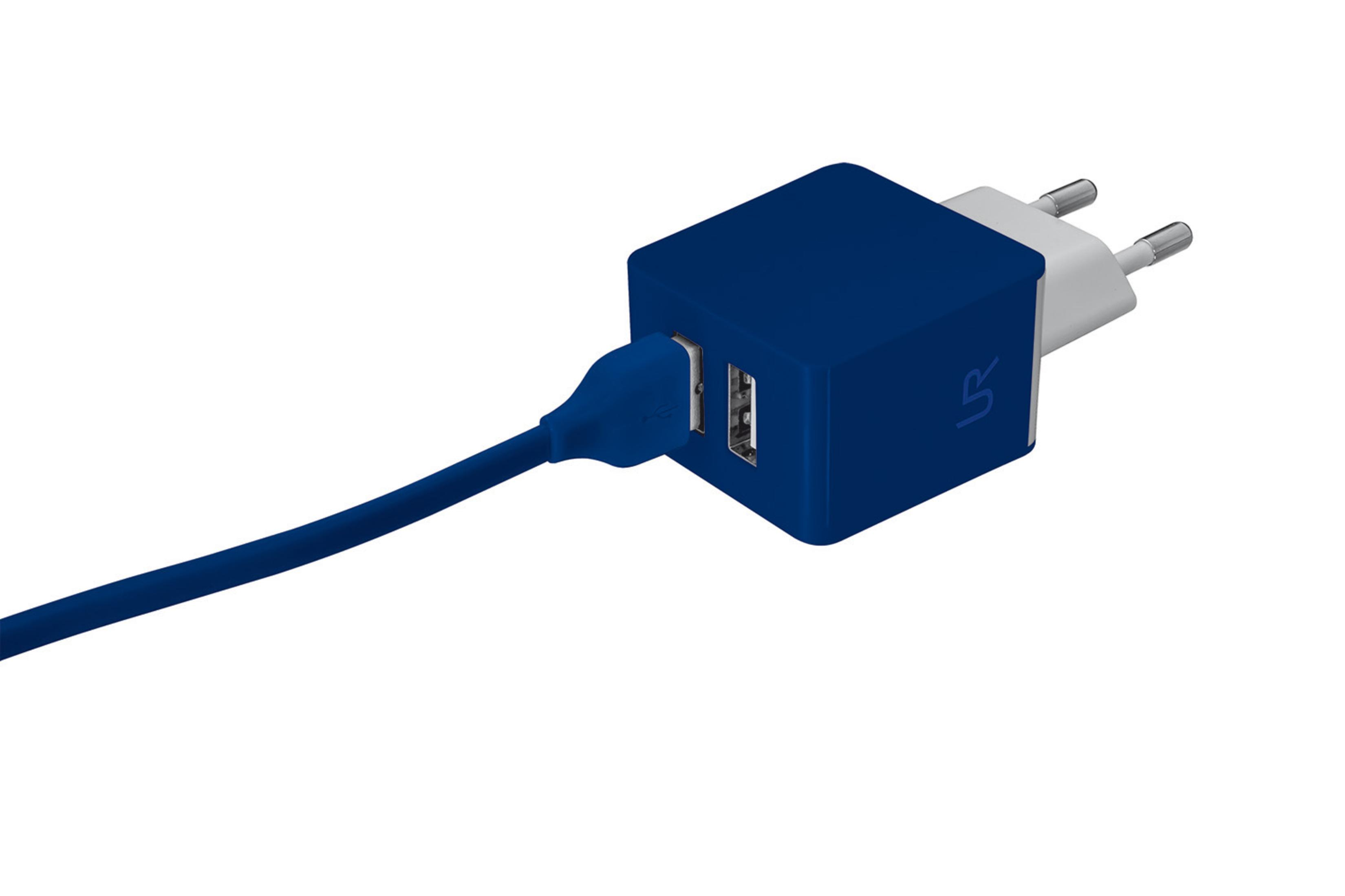 Ein blaues Ladegerät mit zwei USB-Anschlüssen und einem Kabel.