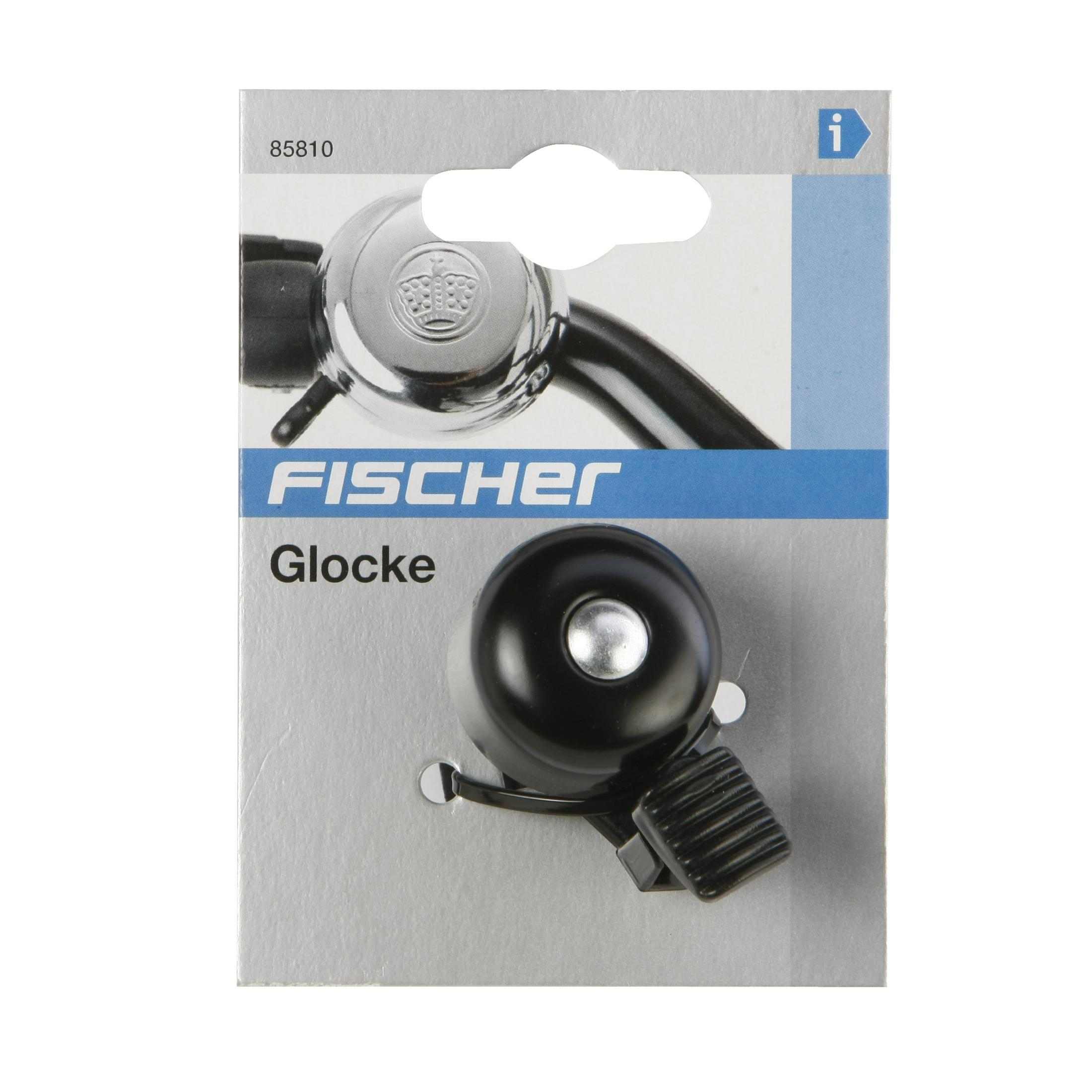 Verpackung mit einer schwarzen Fahrradklingel, die an einem Lenker befestigt ist, darüber silbern.