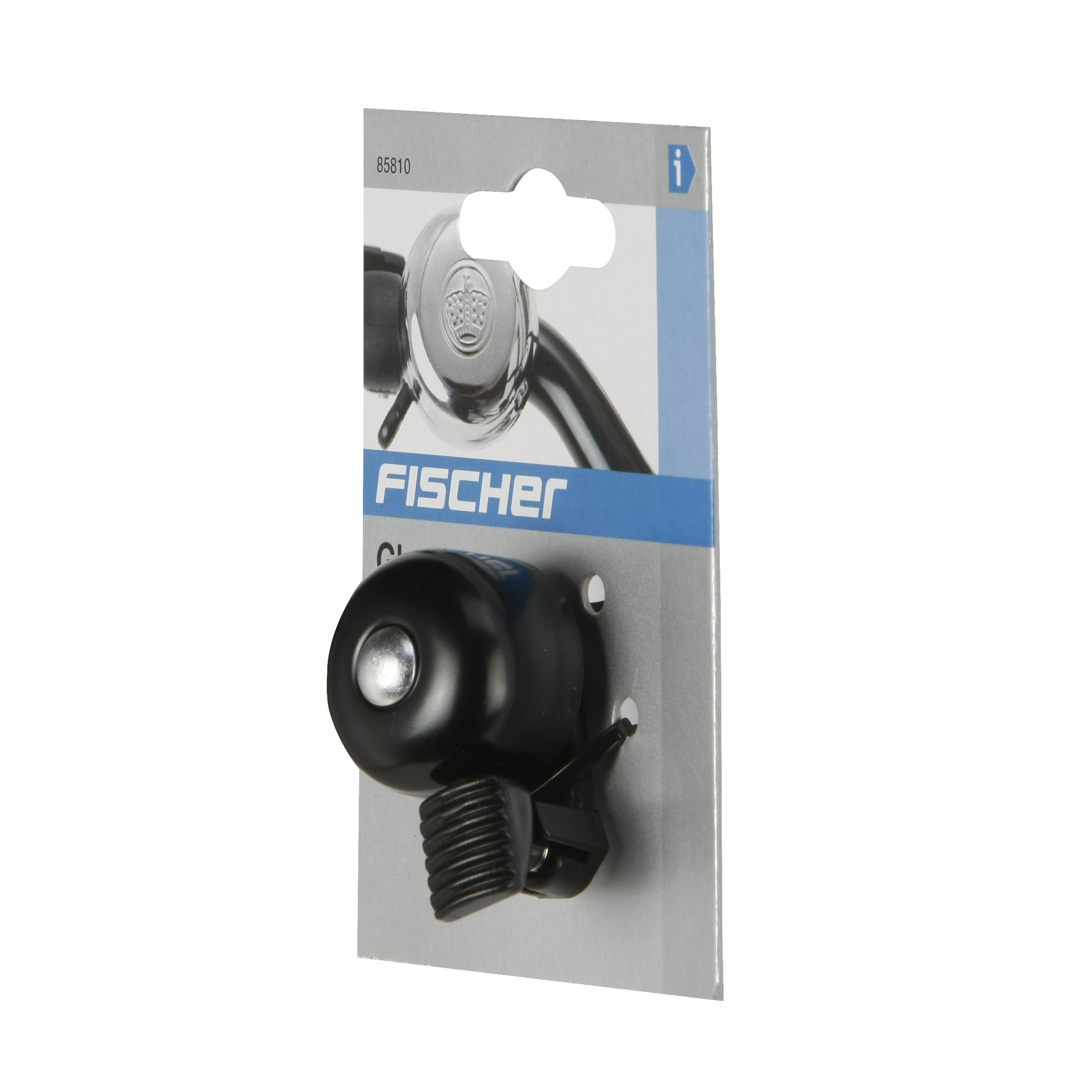 Eine schwarze Fahrradklingel mit silberner Oberseite und einer schwarzen Halterung, verpackt auf einer grauen Karte mit Produktdetails.