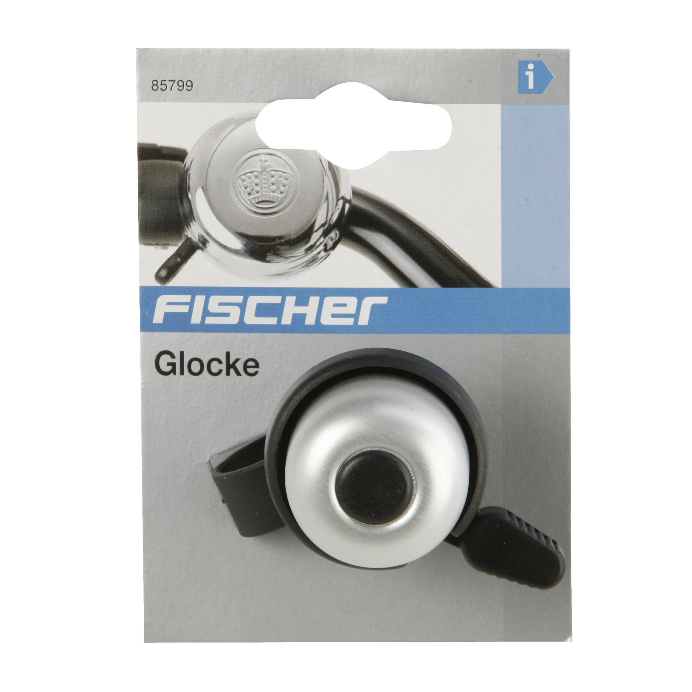 Fischer Fahrradklingel in Verpackung. Silberne Glocke mit schwarzem Riemen und Klingel. Grauer und weißer Hintergrund.