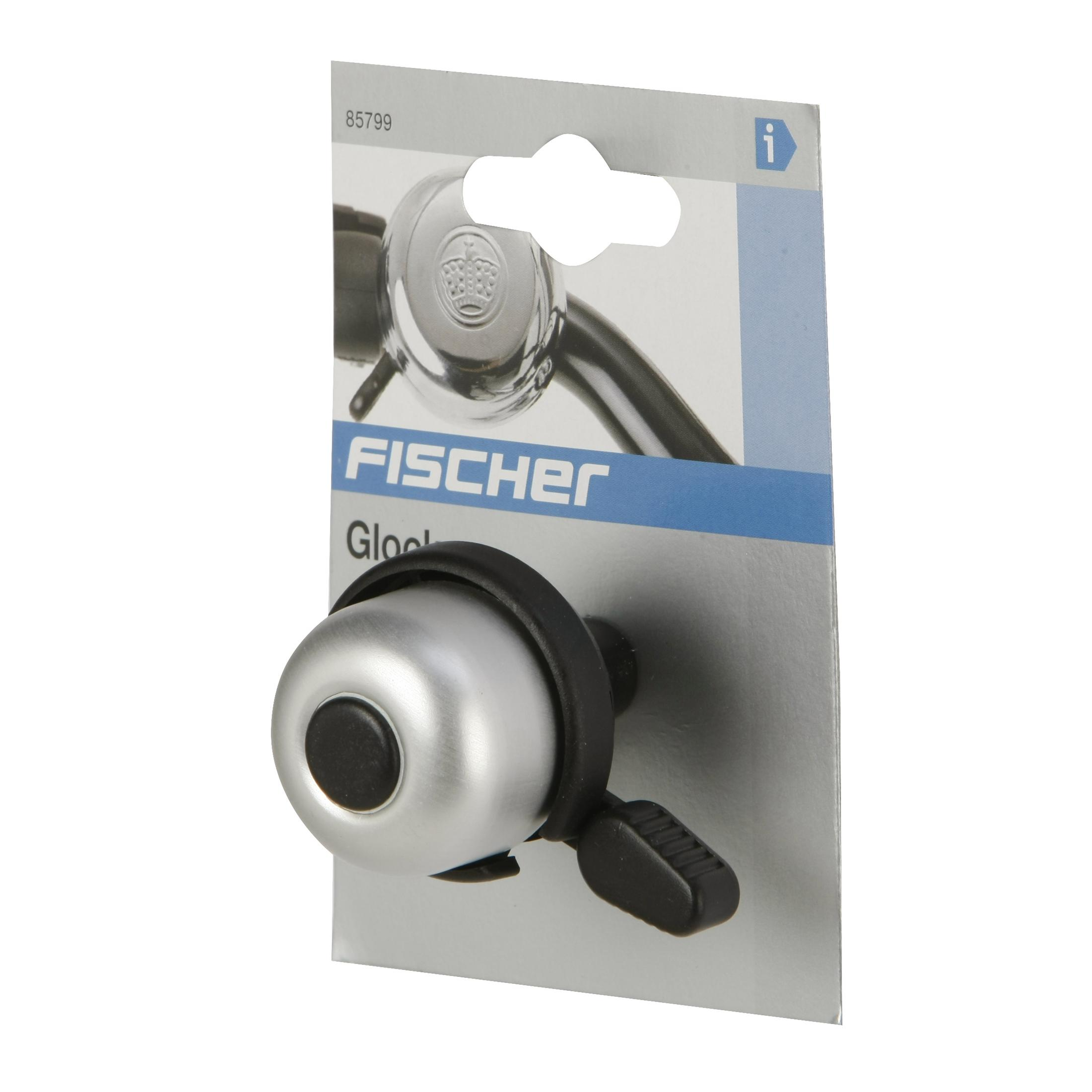 Eine silberne Fahrradklingel in ihrer Verpackung, mit dem Markennamen FISCHER und dem Produktnamen Glock.