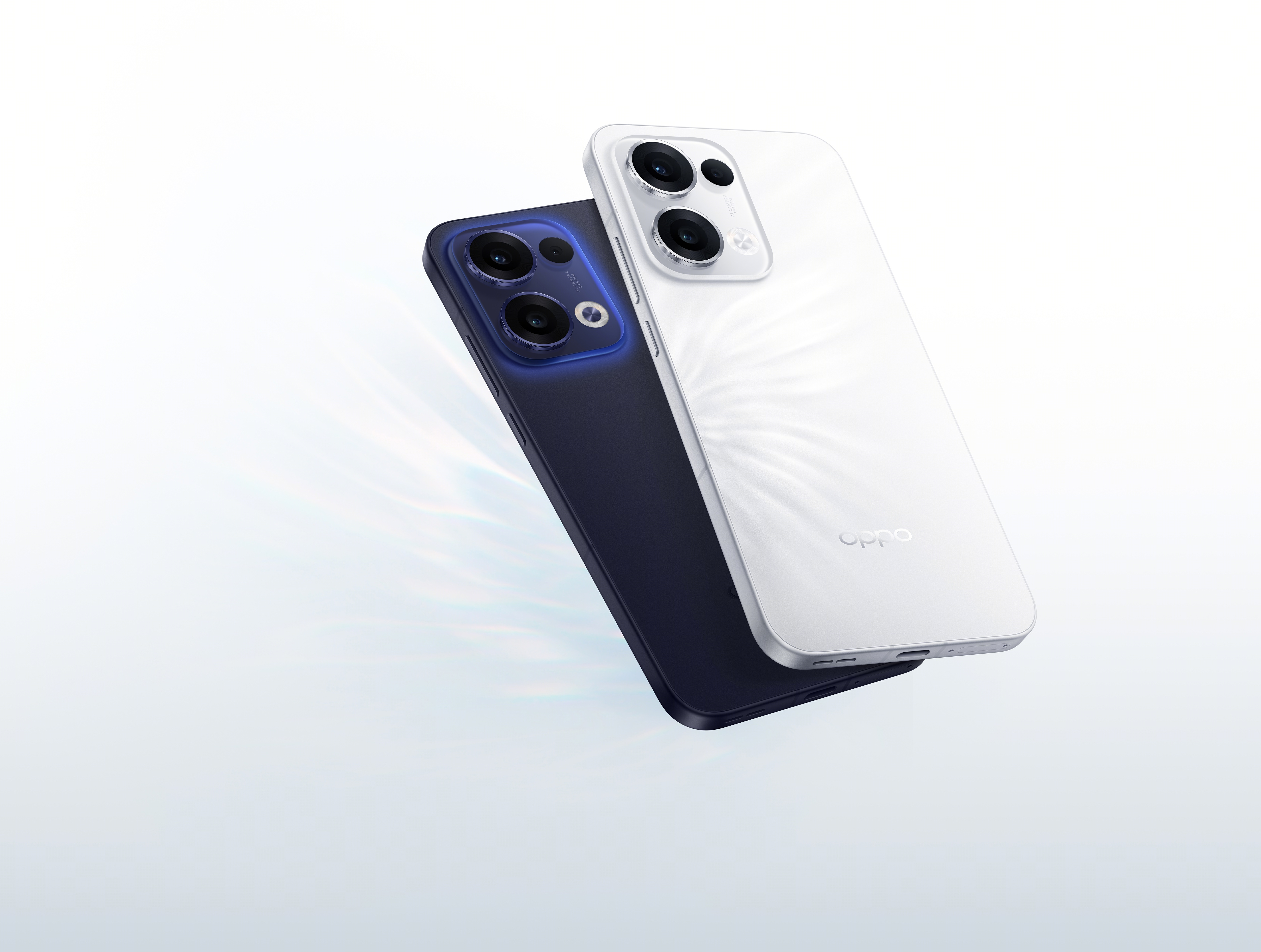 Two smartphones, one dark blue and one white, lie diagonally.